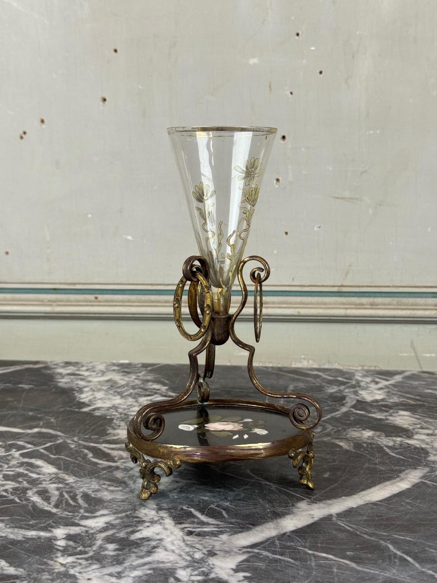 Small Enamelled Glass Vase, Bronze and Marble Inlay, Circa 1880 en venta 6
