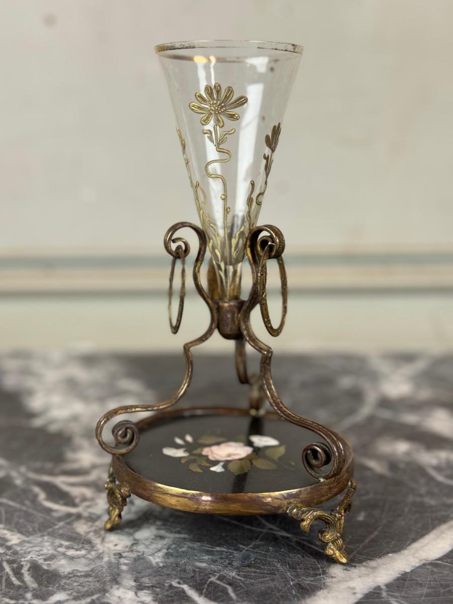 Small Enamelled Glass Vase, Bronze and Marble Inlay, Circa 1880 Moderno en venta