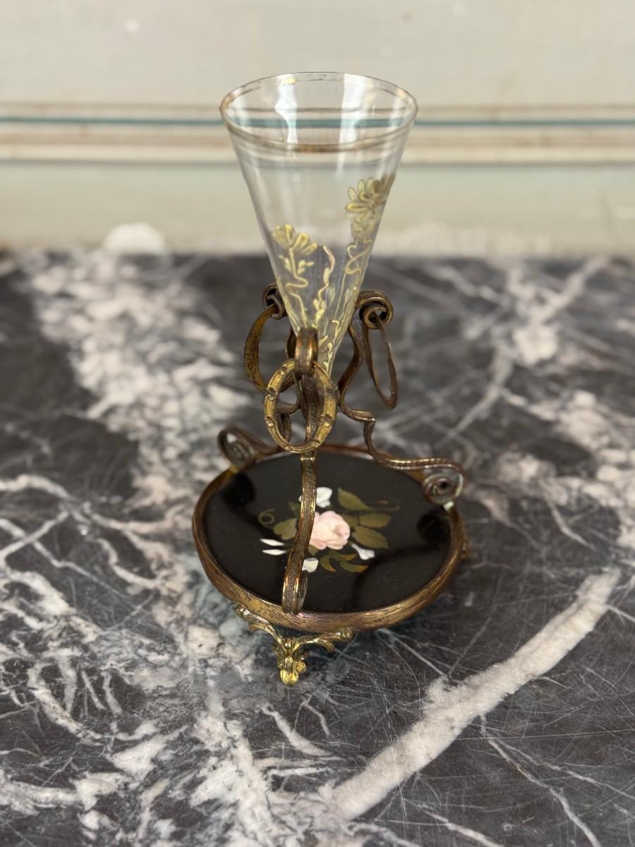 Small Enamelled Glass Vase, Bronze and Marble Inlay, Circa 1880 Francés en venta