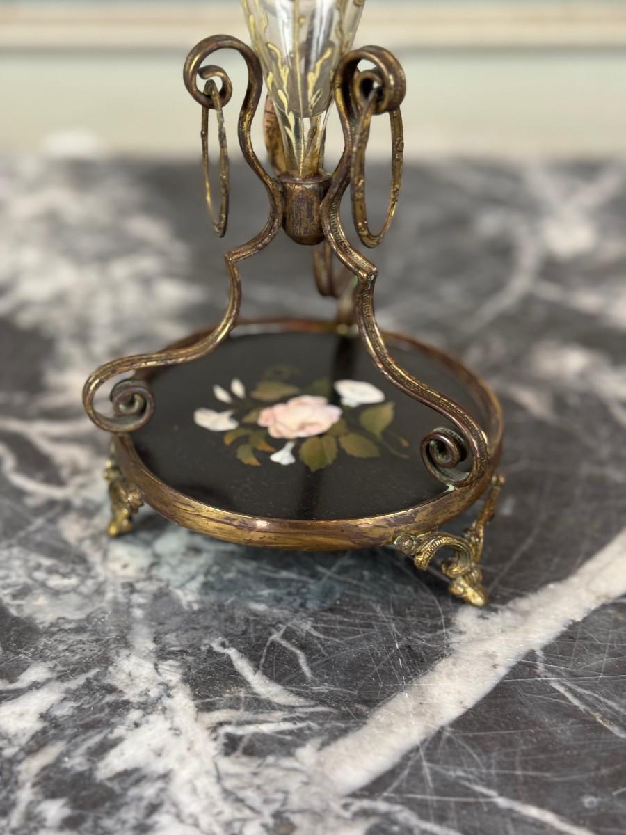 Small Enamelled Glass Vase, Bronze and Marble Inlay, Circa 1880 Vidrio en venta