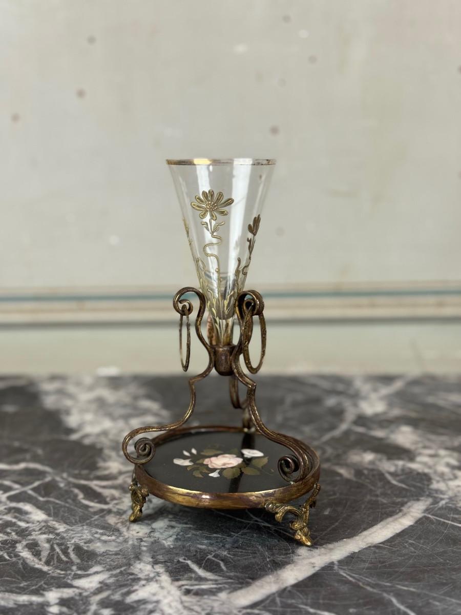 Small Enamelled Glass Vase, Bronze and Marble Inlay, Circa 1880 en venta 1