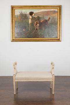 Small English 1860s Upholstered Bench with Carved Eagle Heads and Natural Finish