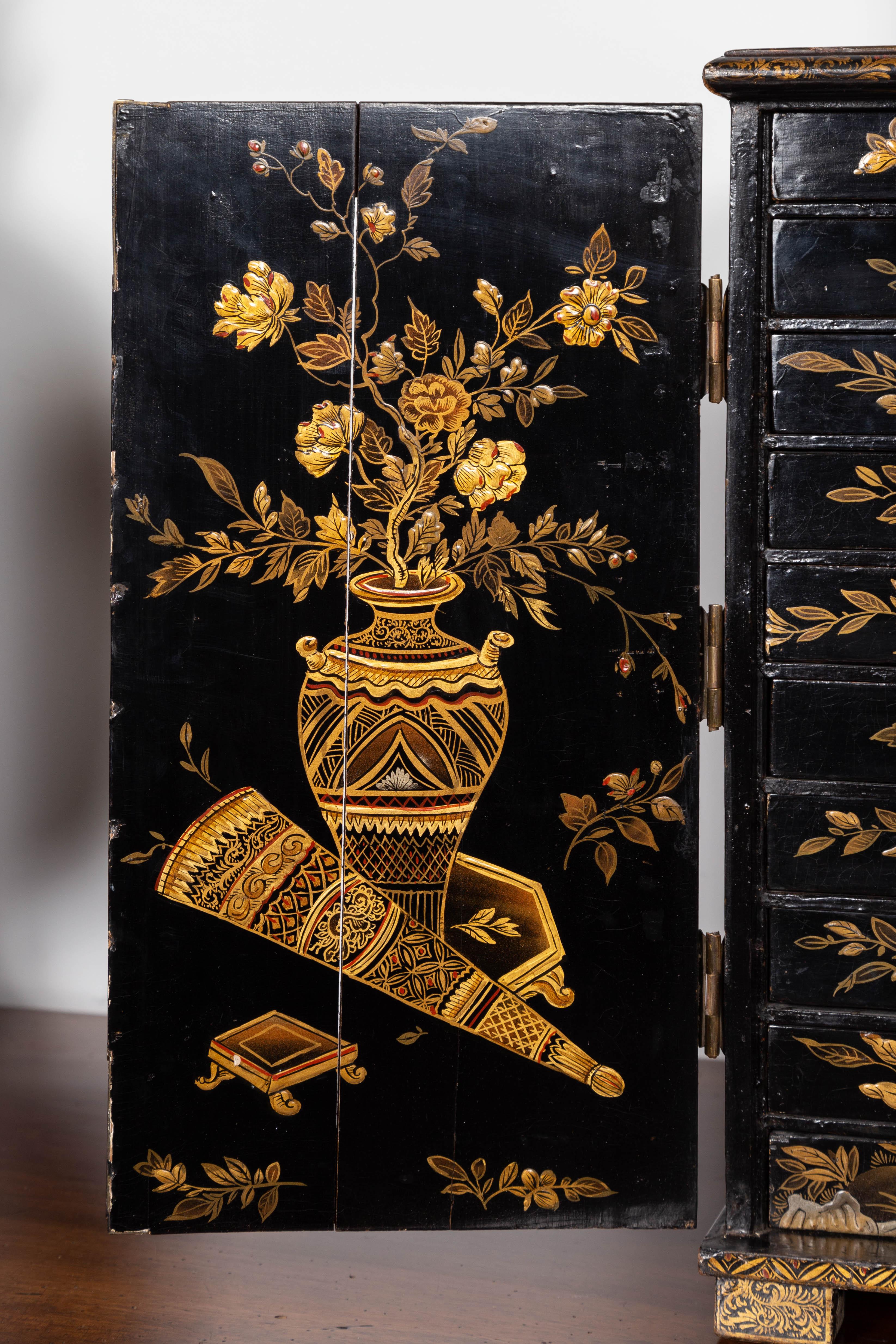 Small English 1890s Black and Gold Chinoiserie Cabinet with 10 Hidden Drawers 2