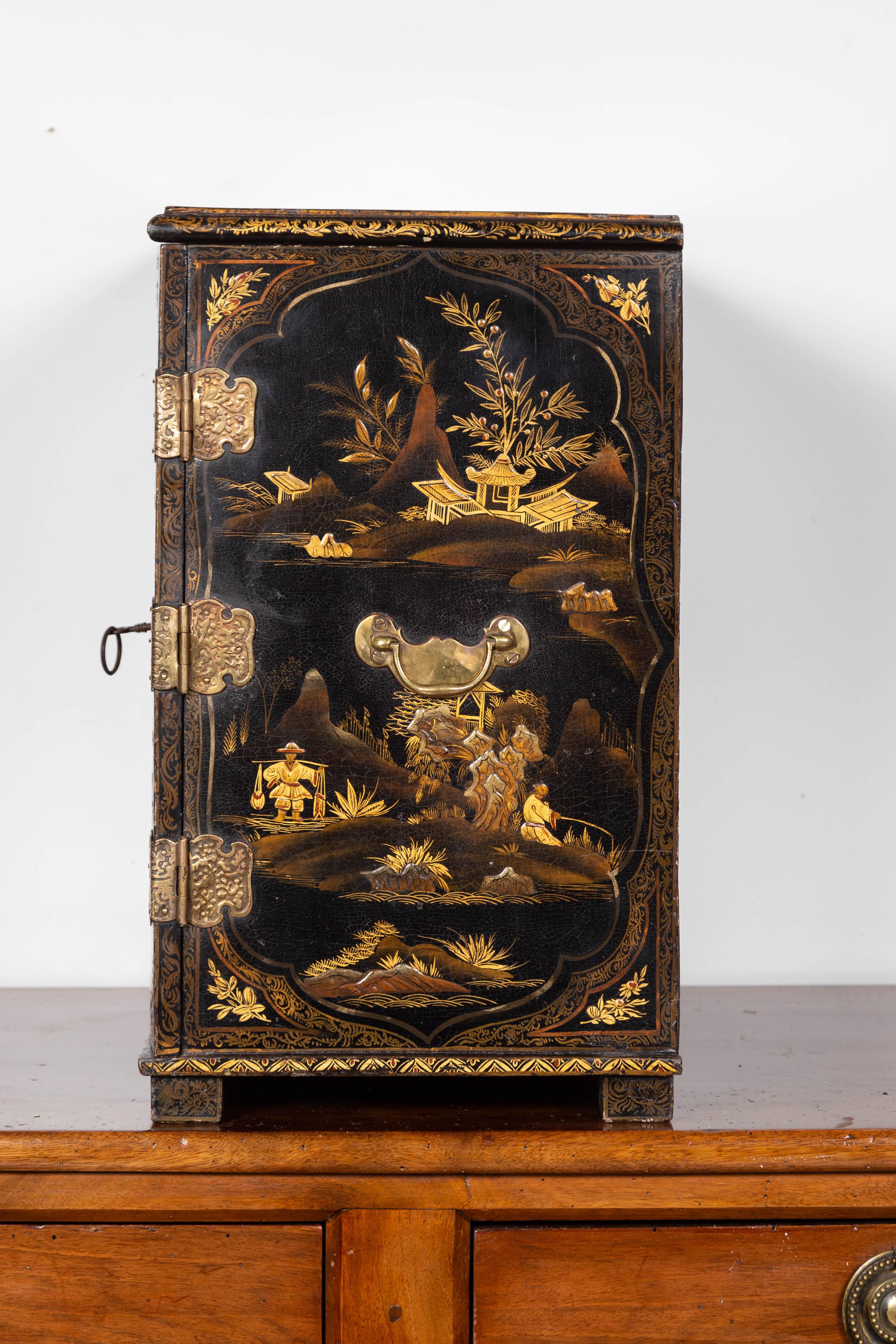 Small English 1890s Black and Gold Chinoiserie Cabinet with 10 Hidden Drawers 8