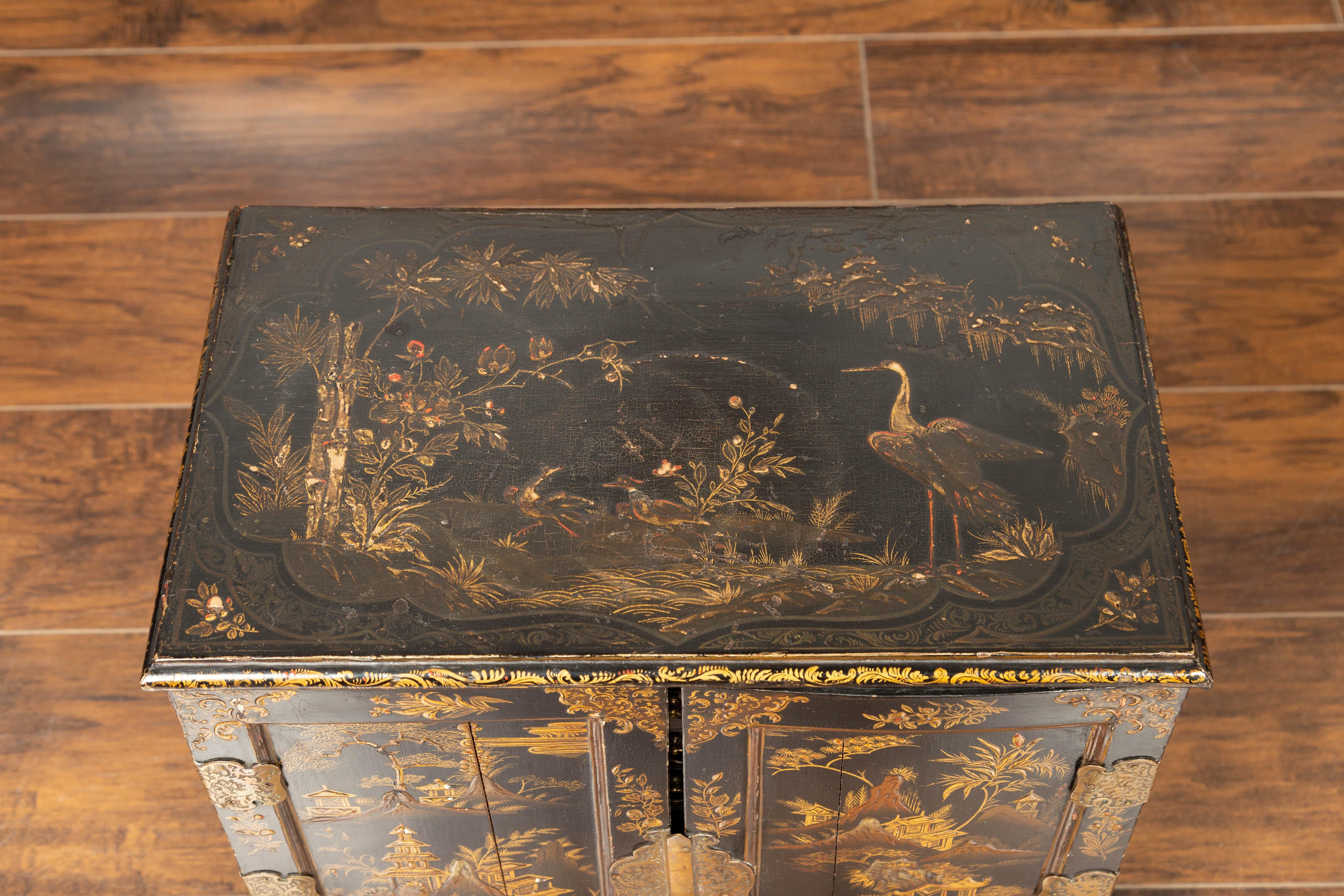 Small English 1890s Black and Gold Chinoiserie Cabinet with 10 Hidden Drawers 10