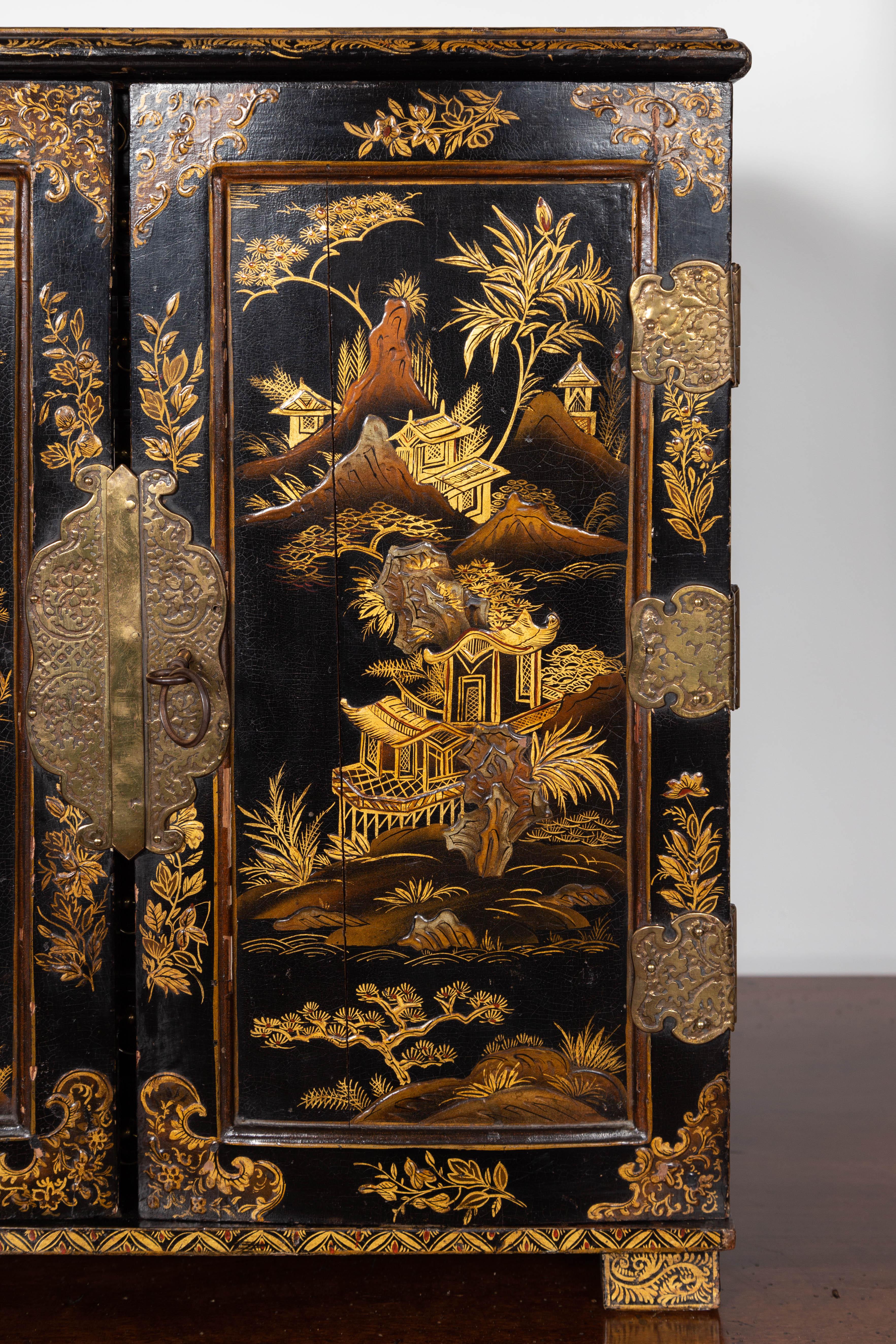 Gilt Small English 1890s Black and Gold Chinoiserie Cabinet with 10 Hidden Drawers