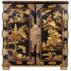 Small English 1890s Black and Gold Chinoiserie Cabinet with 10 Hidden Drawers