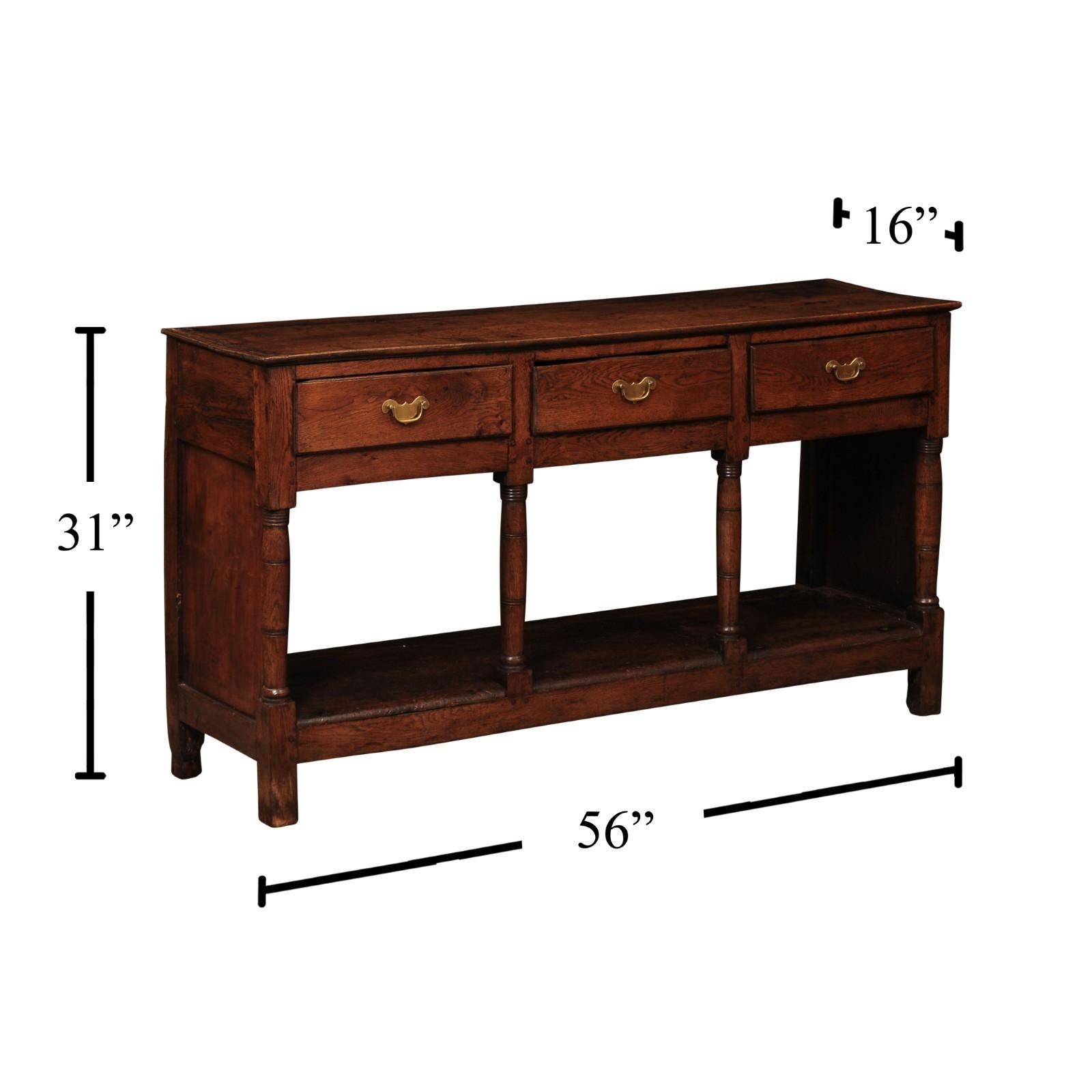 Piccola base per comò / server inglese del XVIII secolo in Oak con 3 cassetti, sostegni arrotondati e ripiano in basso