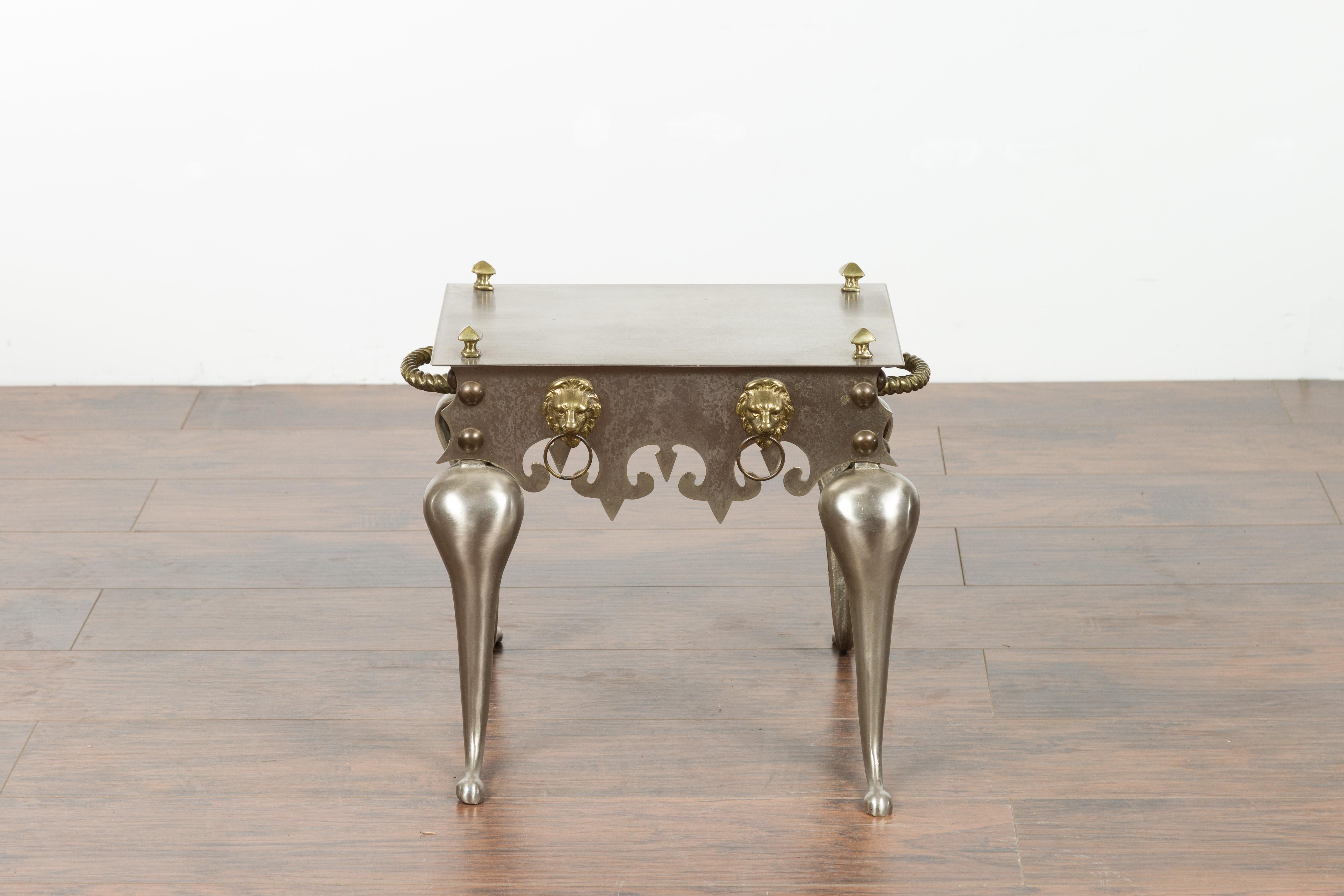 Small English 1900s Steel and Brass Side Table with Lion Heads and Curving Legs For Sale 8
