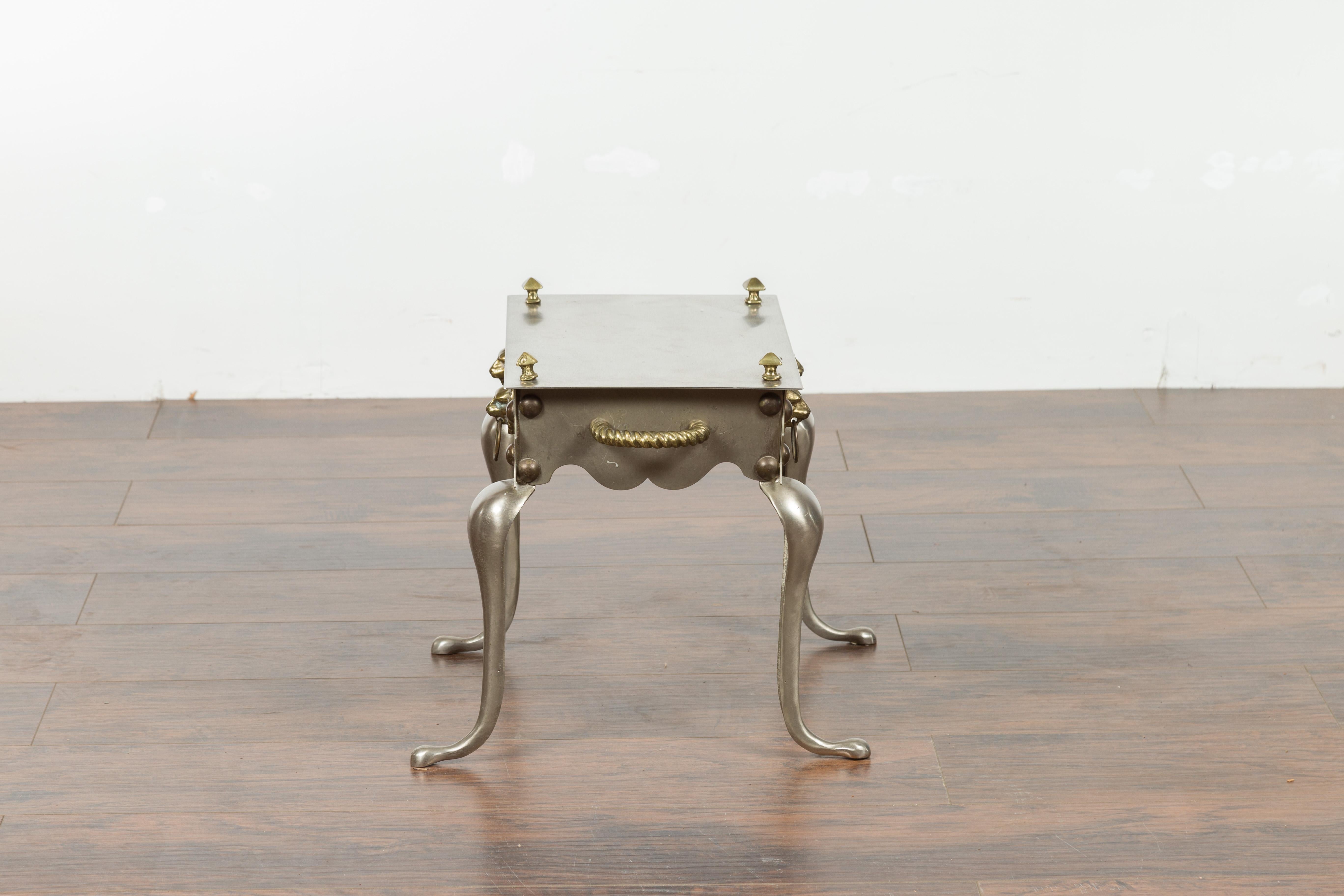 Small English 1900s Steel and Brass Side Table with Lion Heads and Curving Legs 9