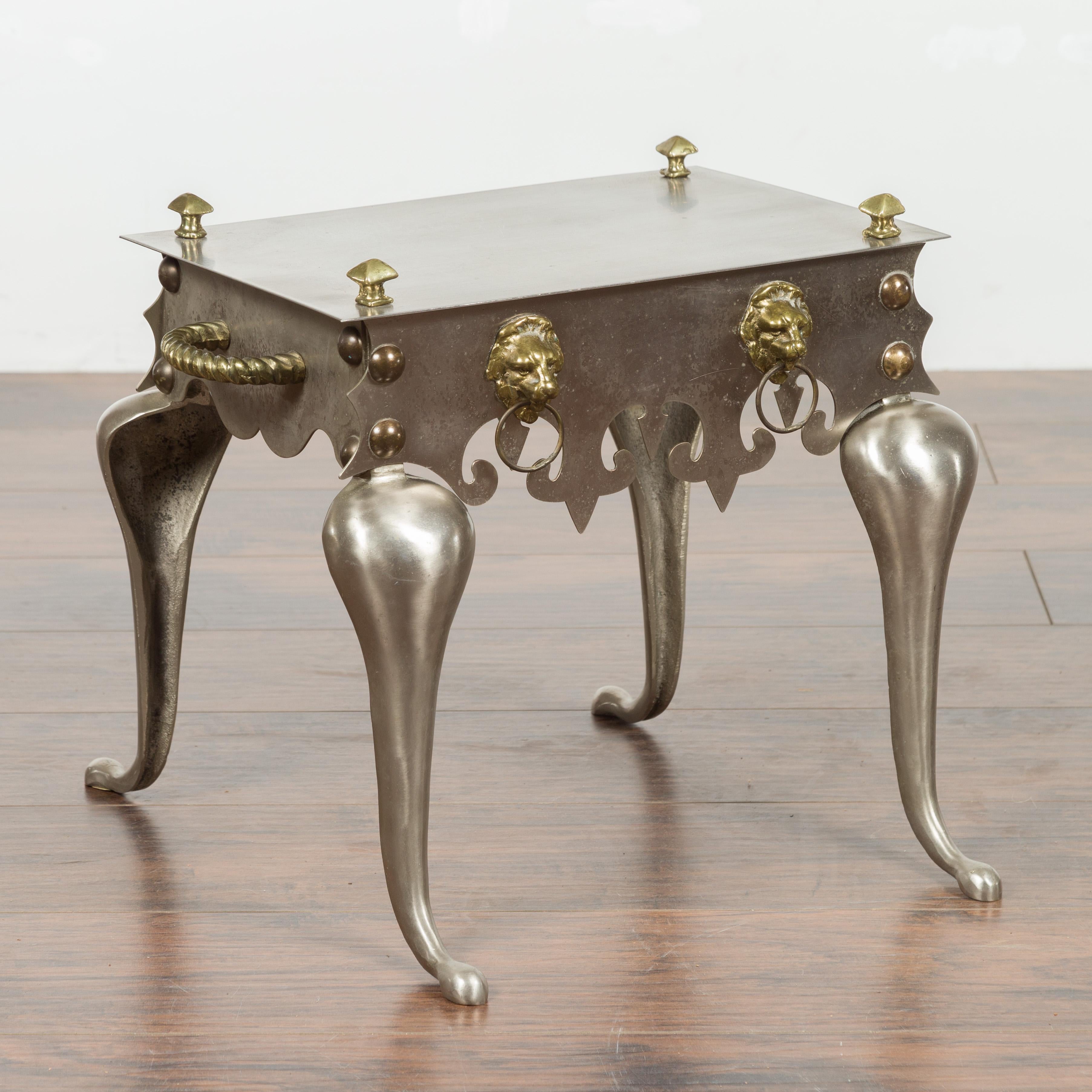 20th Century Small English 1900s Steel and Brass Side Table with Lion Heads and Curving Legs For Sale