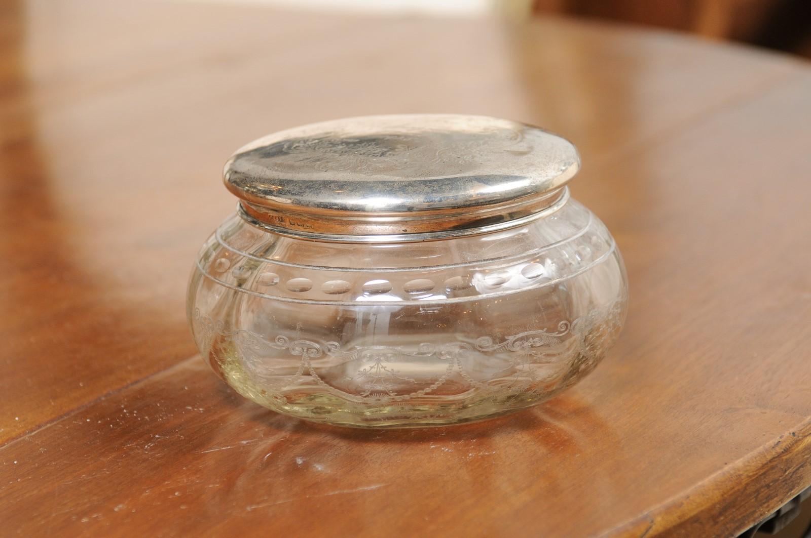 Victorian Small English 1920s Glass Vanity Jar with Incised Silver Lid and Etched Design For Sale