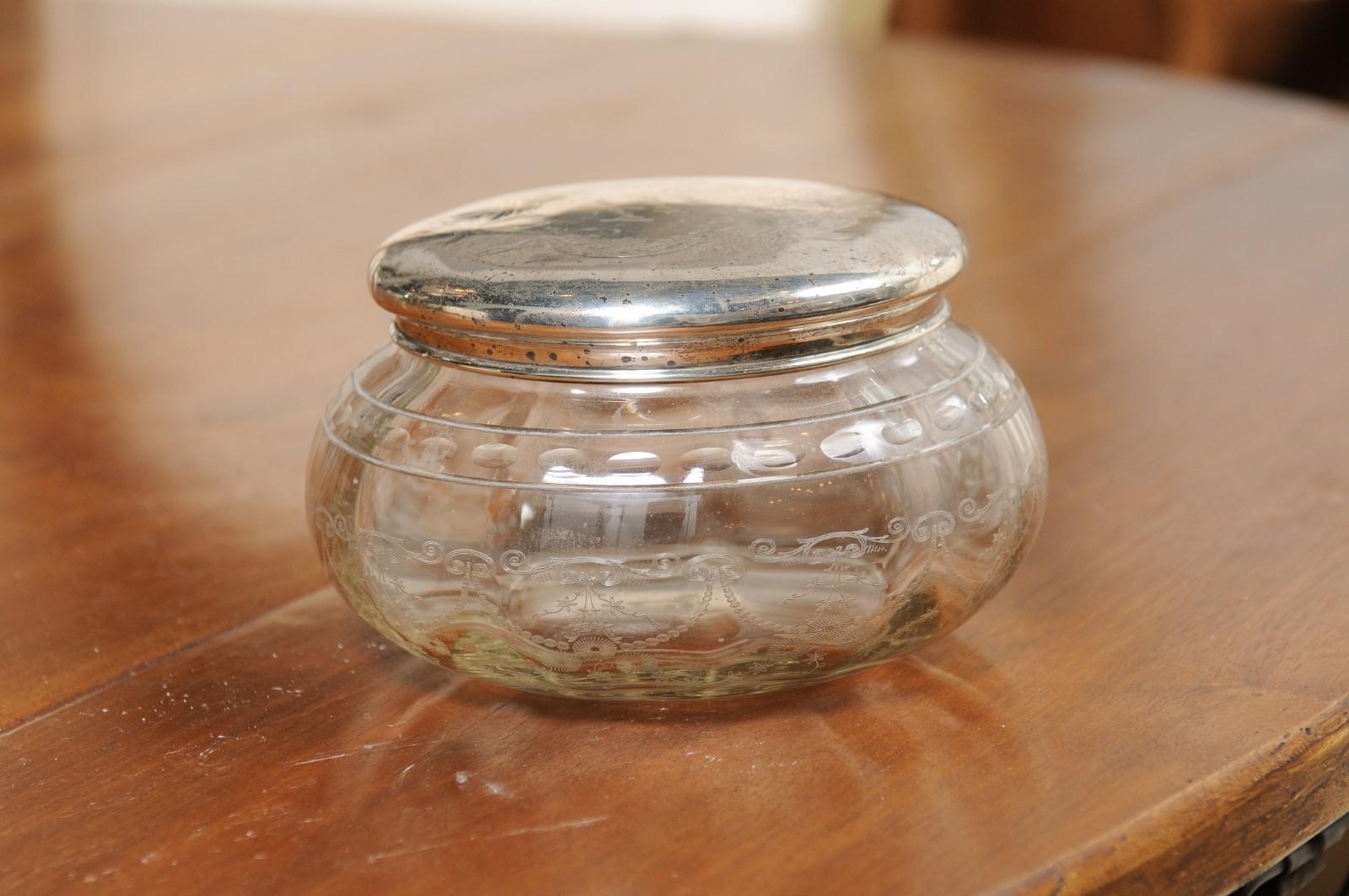 20th Century Small English 1920s Glass Vanity Jar with Incised Silver Lid and Etched Design For Sale