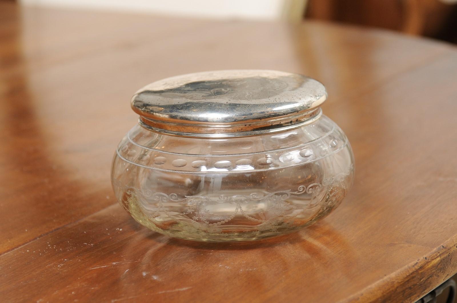 Small English 1920s Glass Vanity Jar with Incised Silver Lid and Etched Design For Sale 1