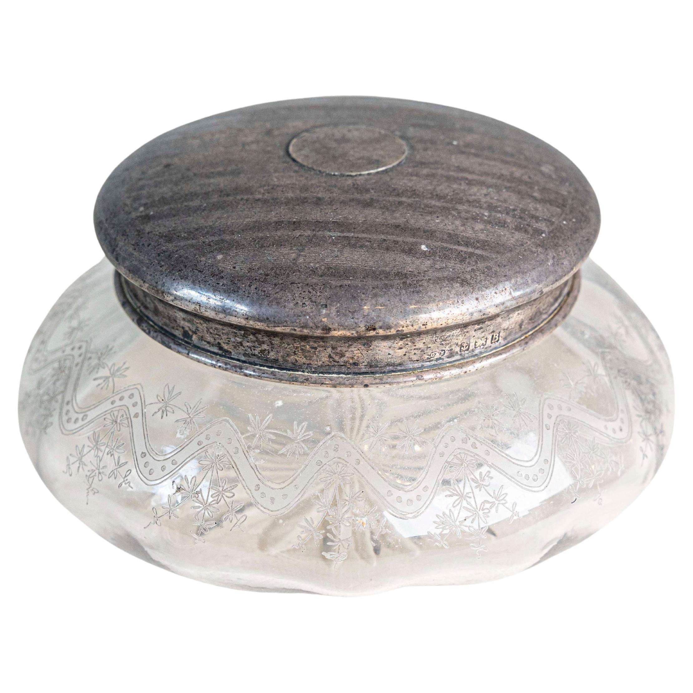 Small English 1920s Glass Vanity Jar with Incised Silver Lid and Etched Design