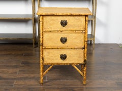 Small English 1920s Mottled Bamboo Three-Drawer Chest with Floral Décor