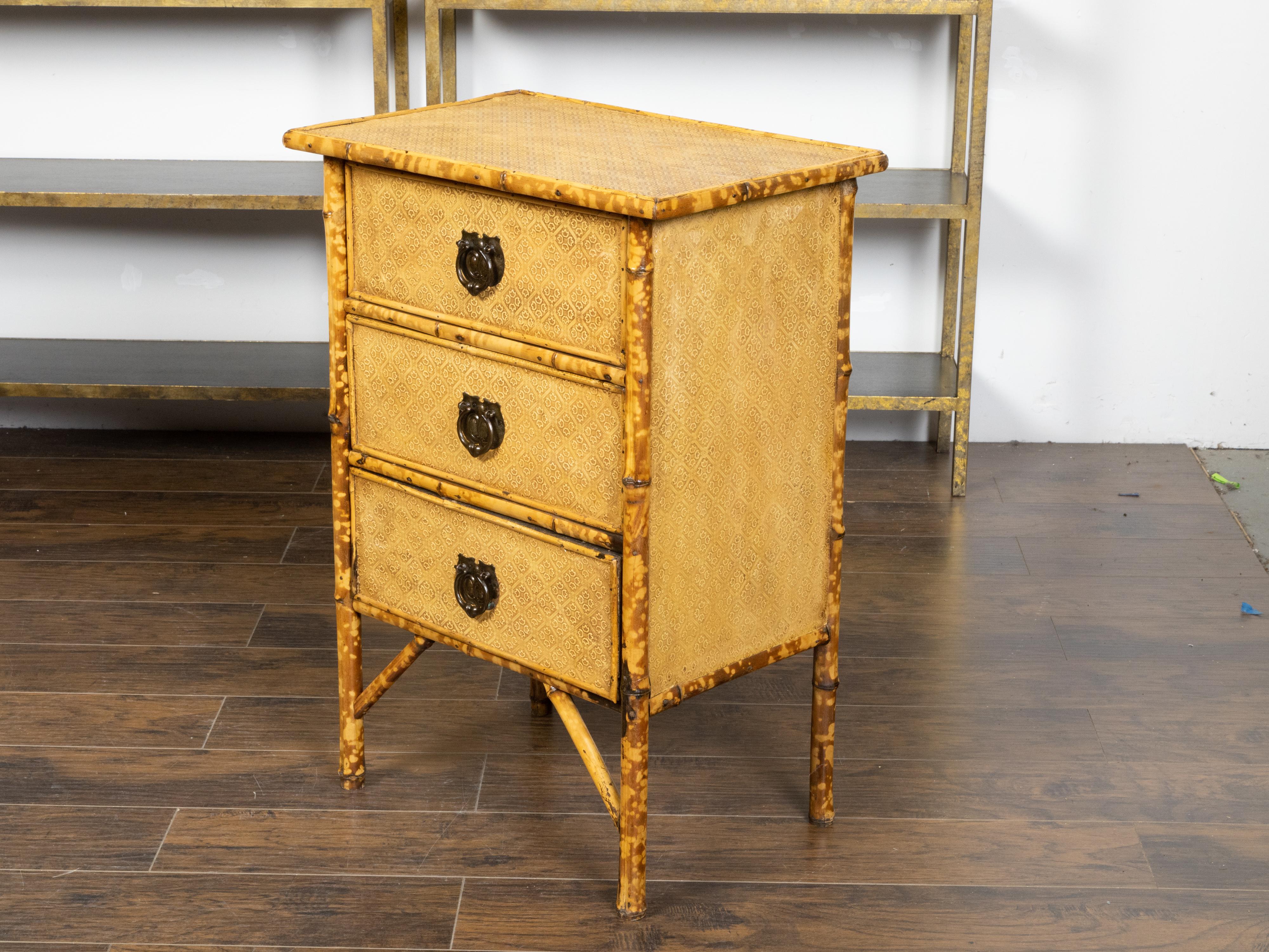 Other Small English 1920s Mottled Bamboo Three-Drawer Chest with Floral Décor For Sale