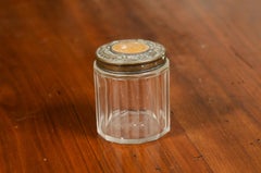 Small English 19th Century Glass Vanity Jar with Metal Lid and Faceted Design