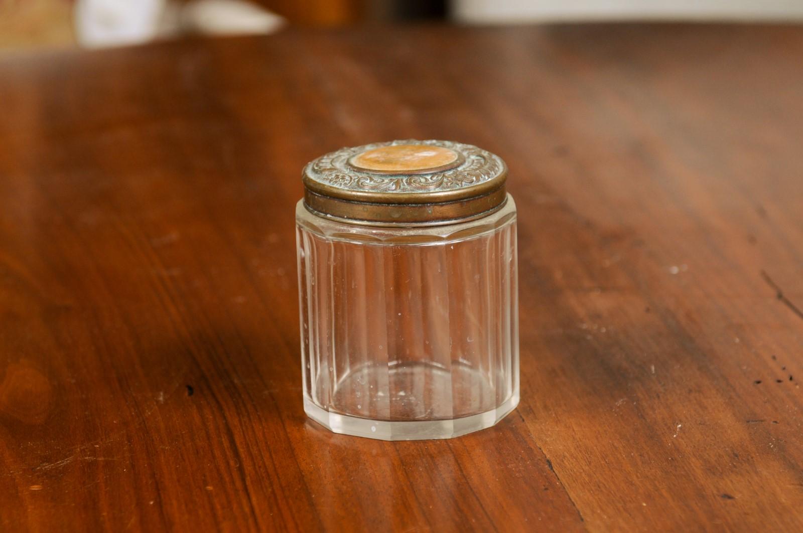 Small English 19th Century Glass Vanity Jar with Metal Lid and Faceted Design 1