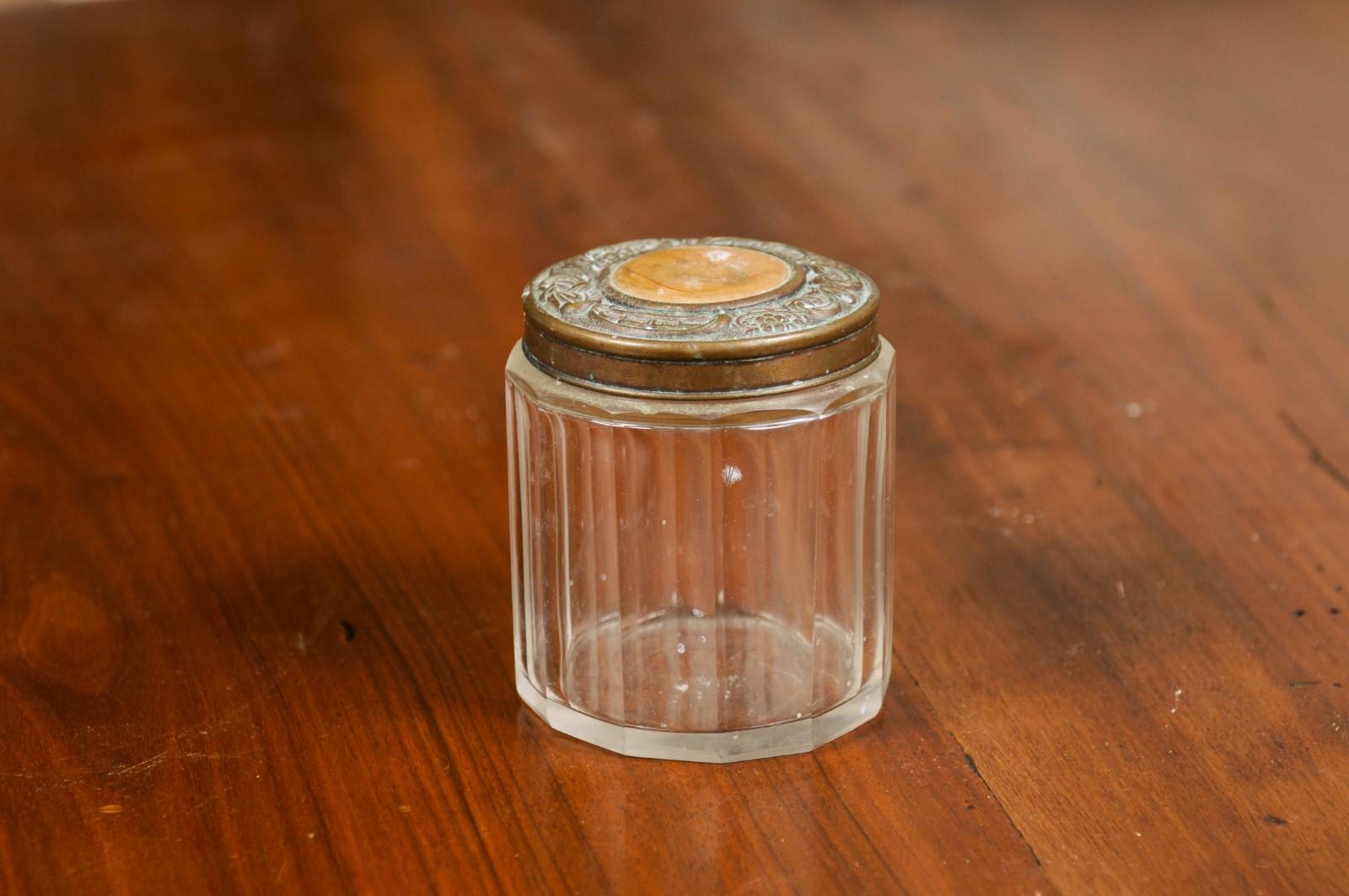 Small English 19th Century Glass Vanity Jar with Metal Lid and Faceted Design 2