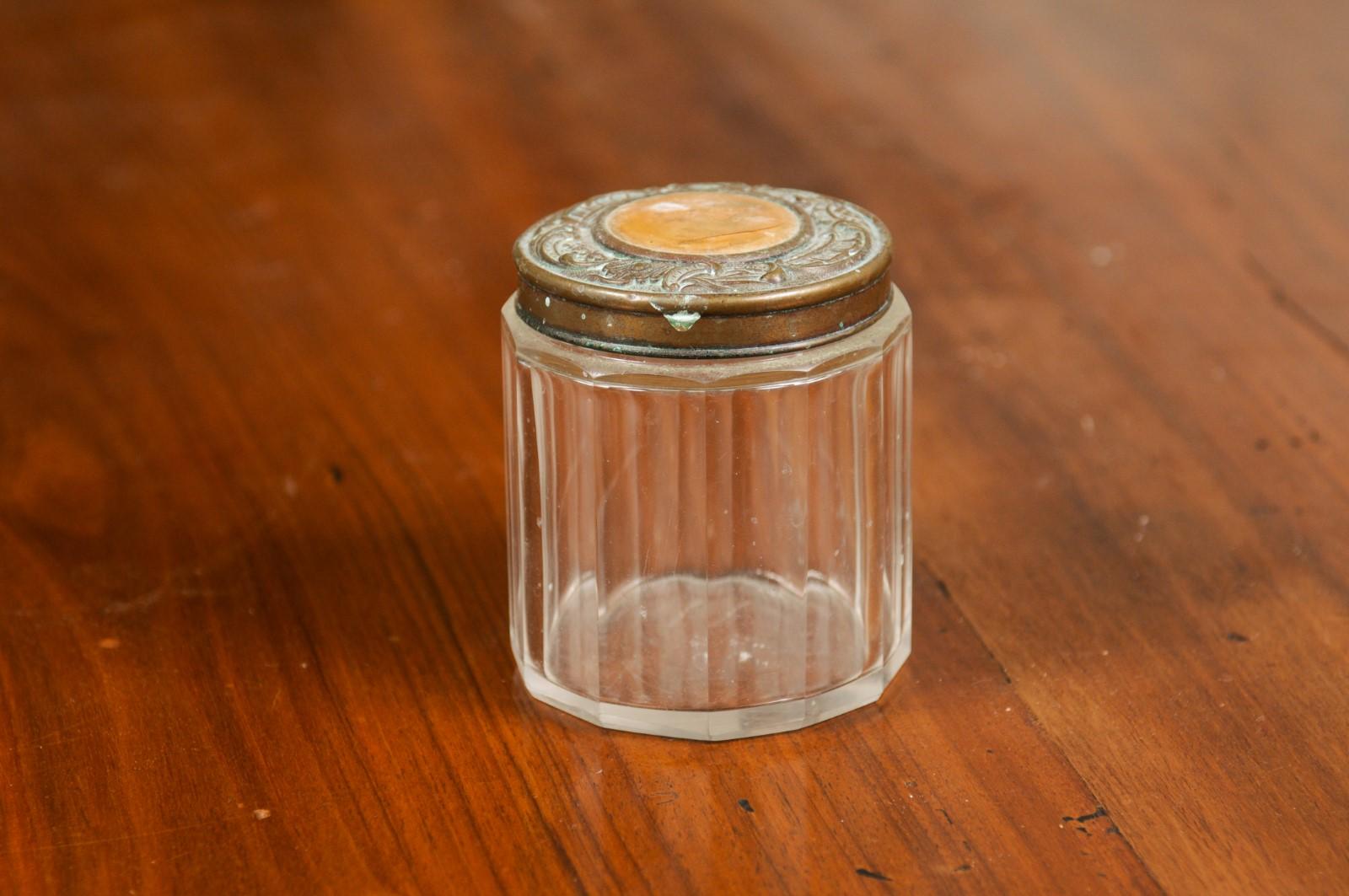 Small English 19th Century Glass Vanity Jar with Metal Lid and Faceted Design 3