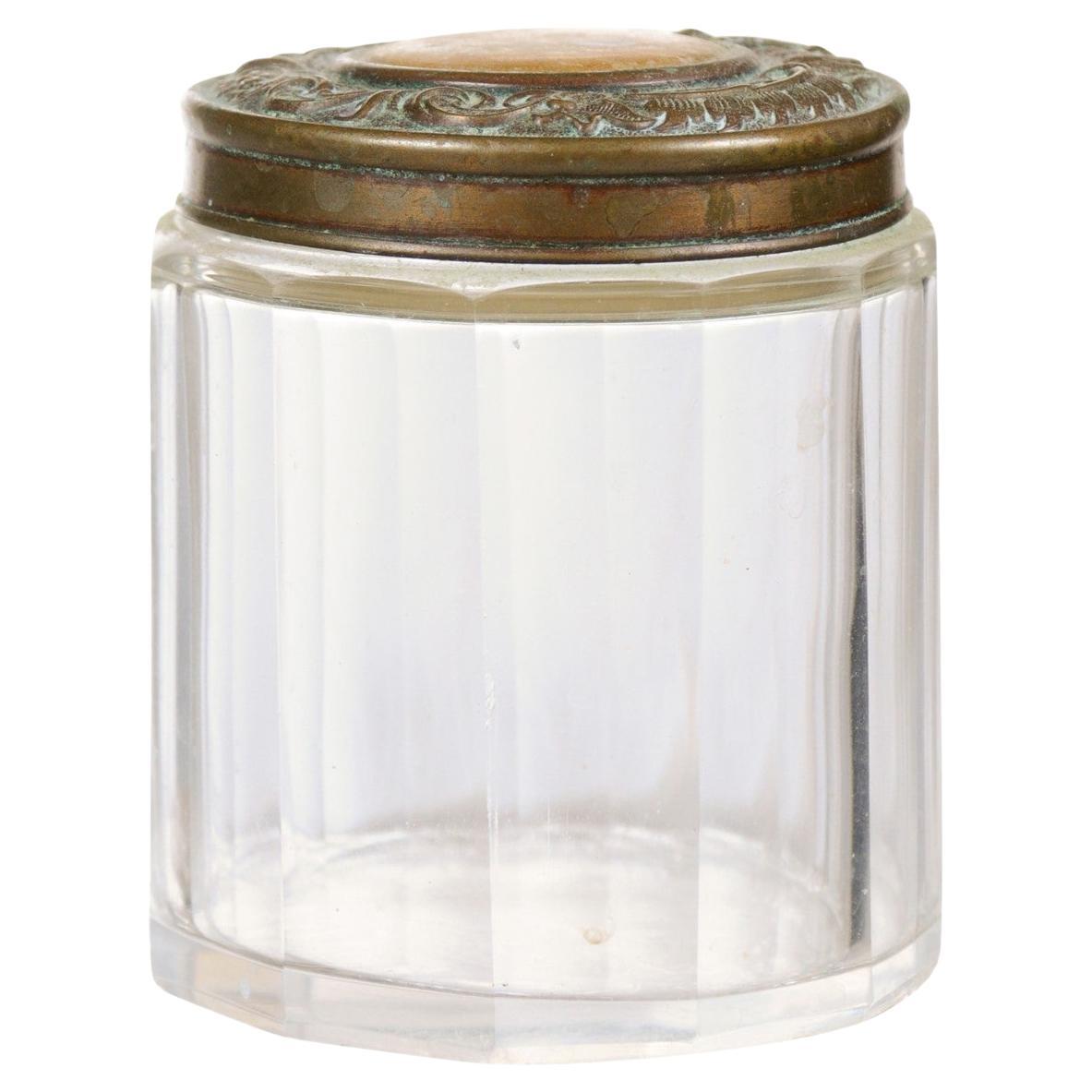 Small English 19th Century Glass Vanity Jar with Metal Lid and Faceted Design