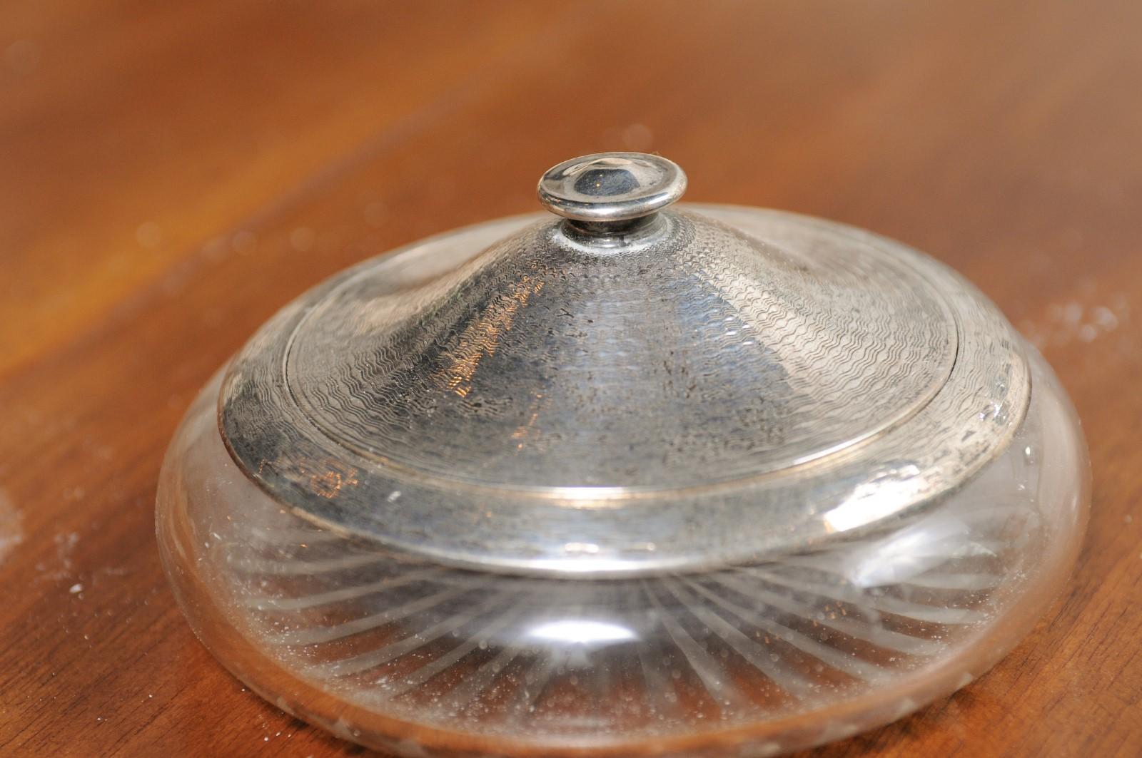 Small English 19th Century Glass Vanity Jar with Silver Lid and Etched Design 6