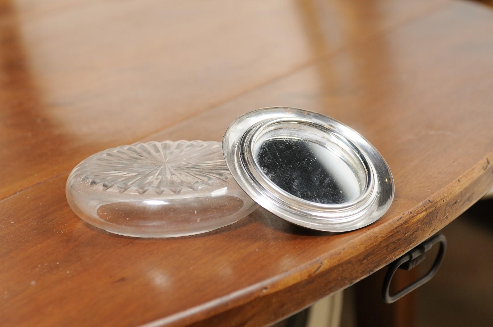 Small English 19th Century Glass Vanity Jar with Silver Lid and Etched Design 1