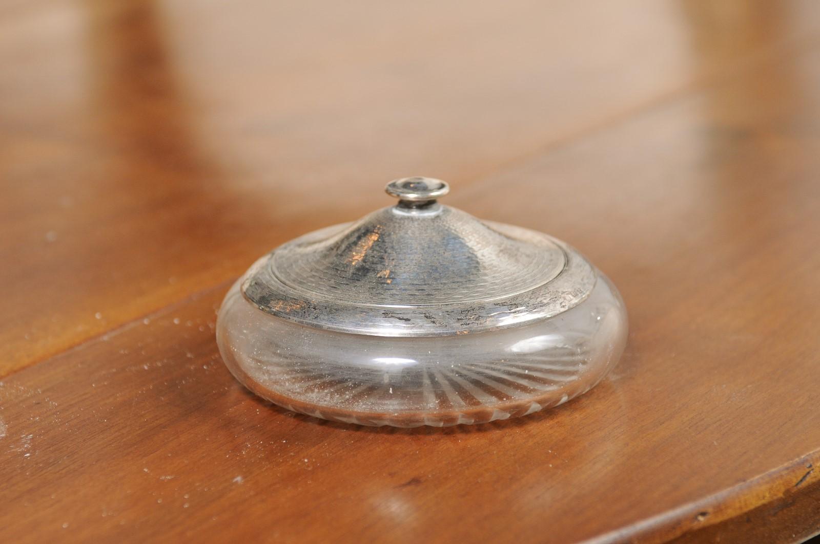 Small English 19th Century Glass Vanity Jar with Silver Lid and Etched Design 2