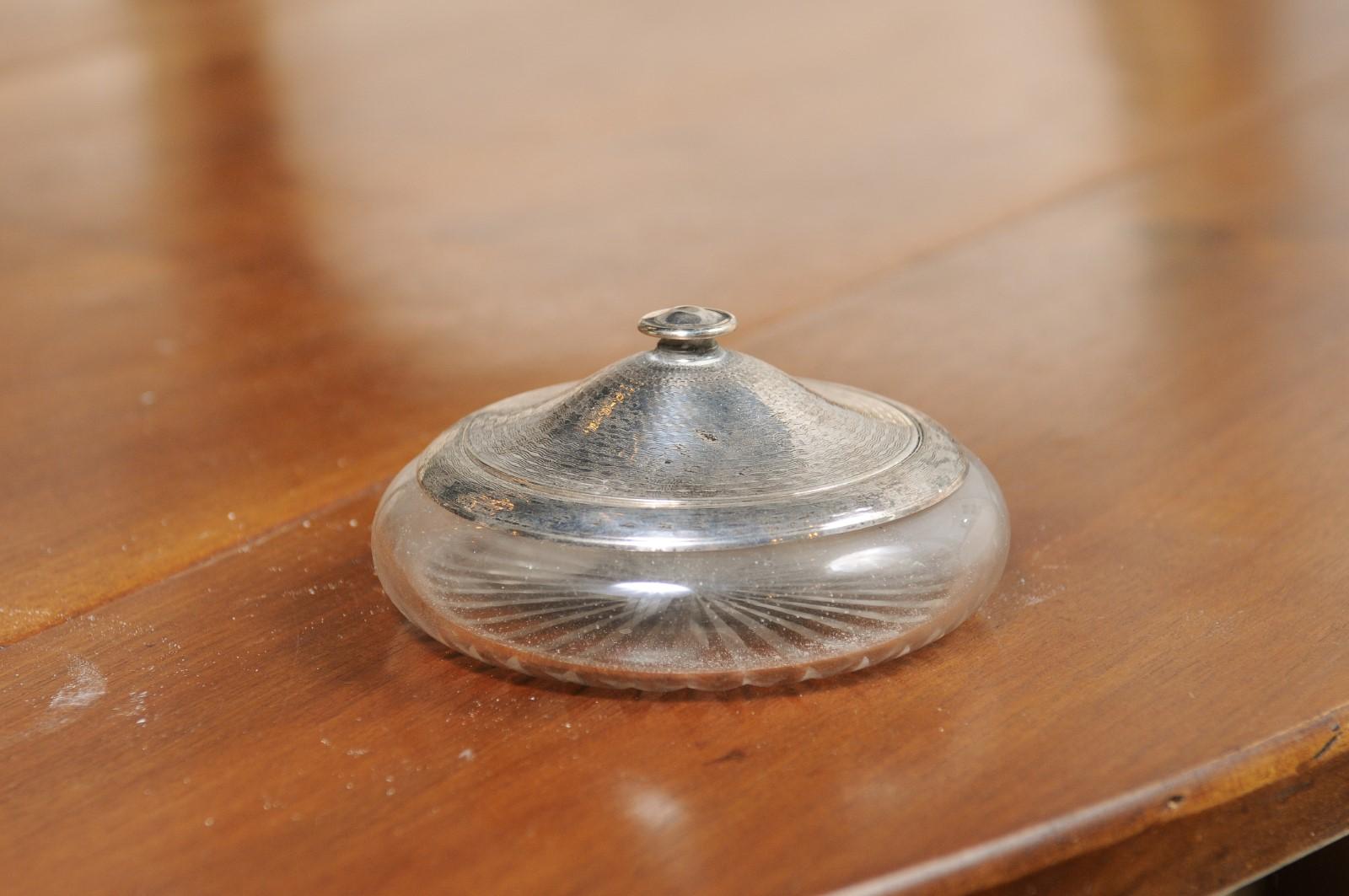 Small English 19th Century Glass Vanity Jar with Silver Lid and Etched Design 3