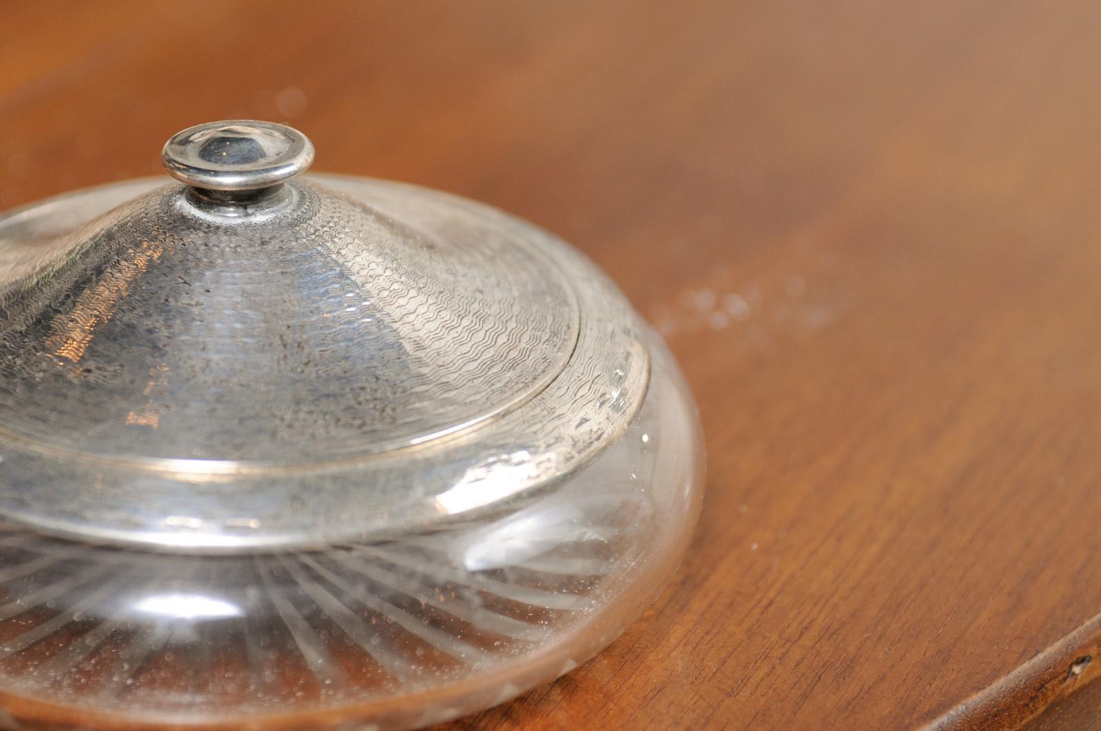 Small English 19th Century Glass Vanity Jar with Silver Lid and Etched Design 5
