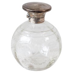 Small English 20th Century Glass Vanity Bottle with Silver Lid and Etched Design