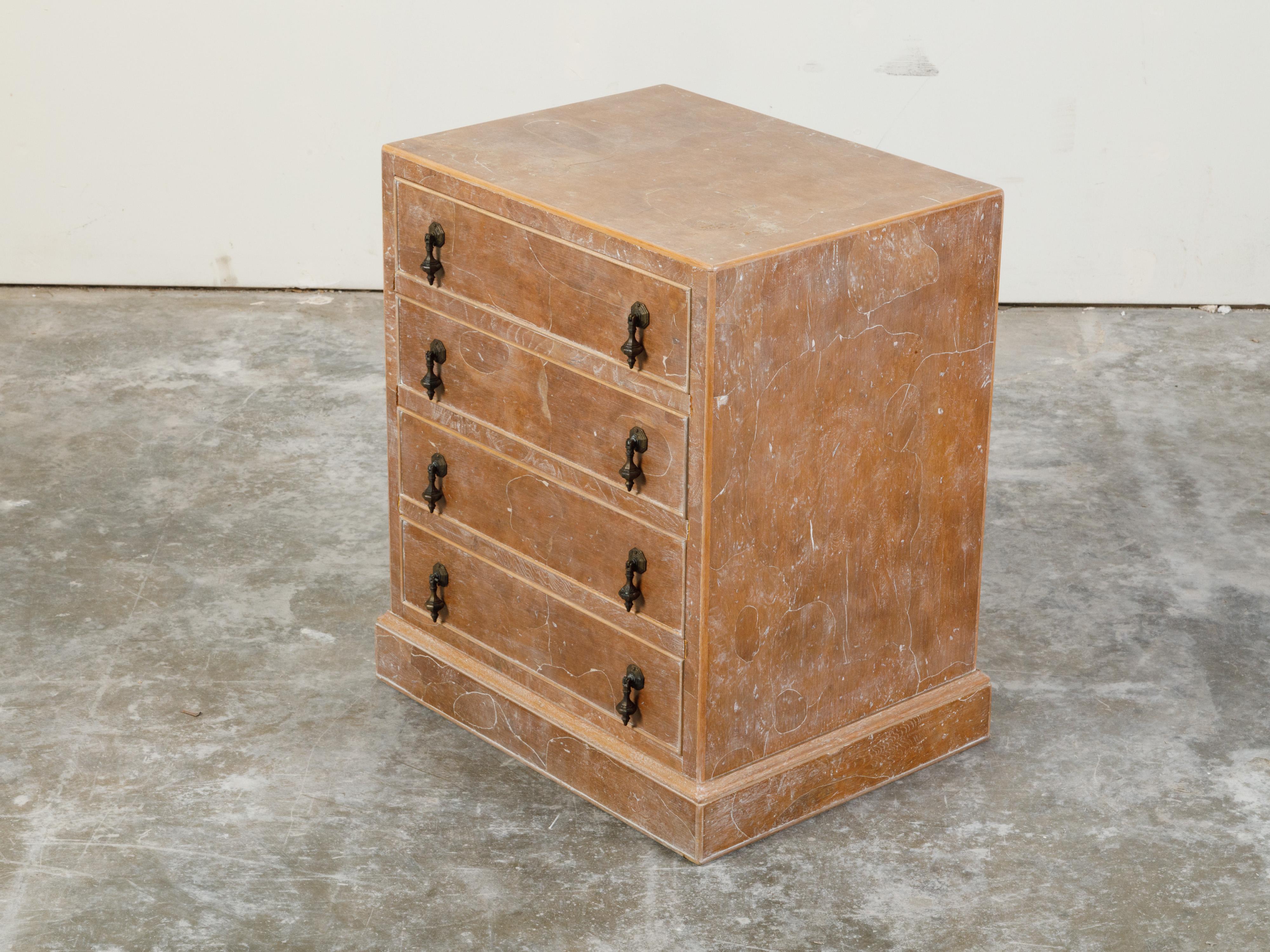 Small English Burl Wood Chest with Four Drawers and Distressed Finish In Good Condition For Sale In Atlanta, GA