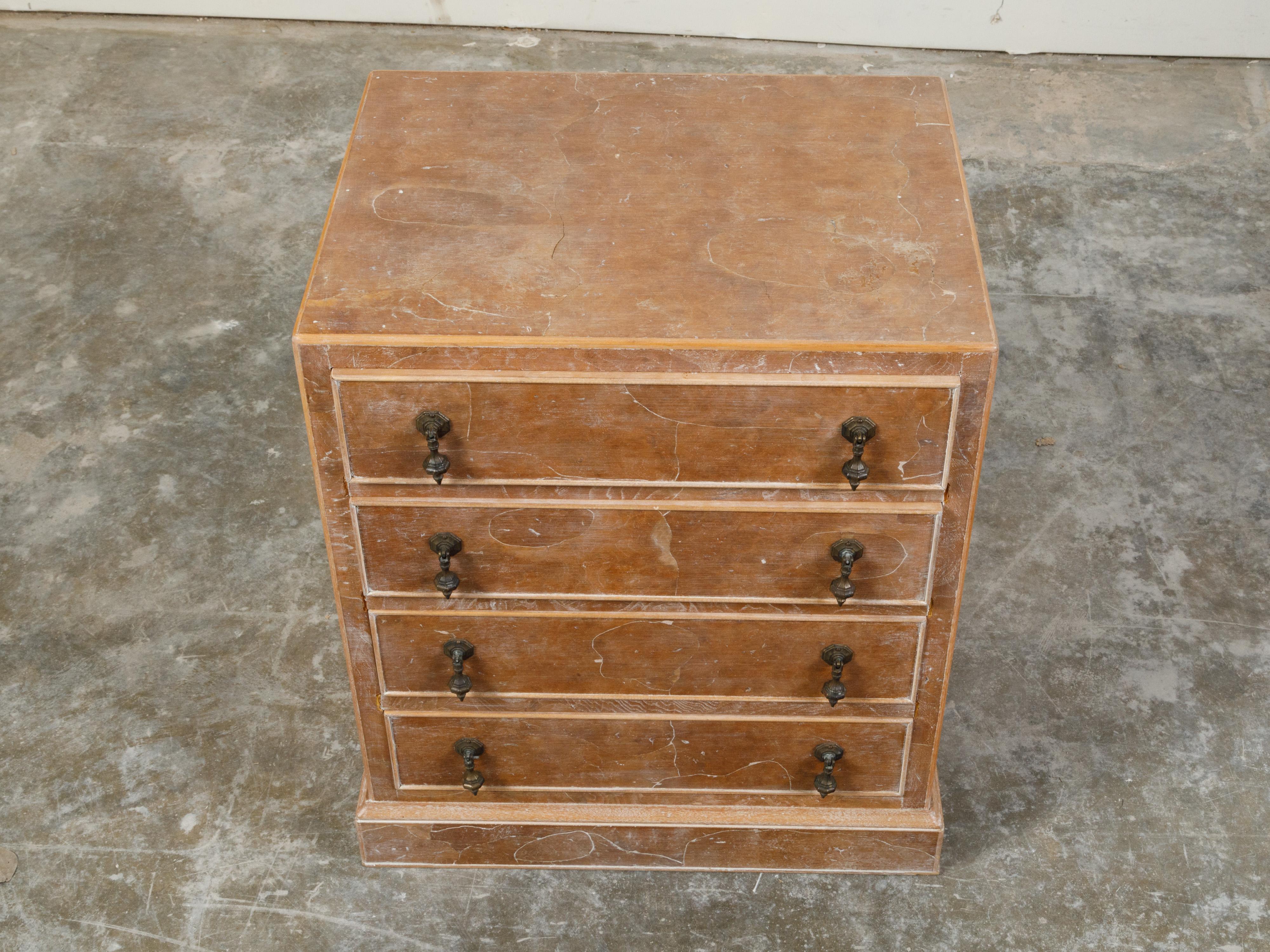 20th Century Small English Burl Wood Chest with Four Drawers and Distressed Finish For Sale