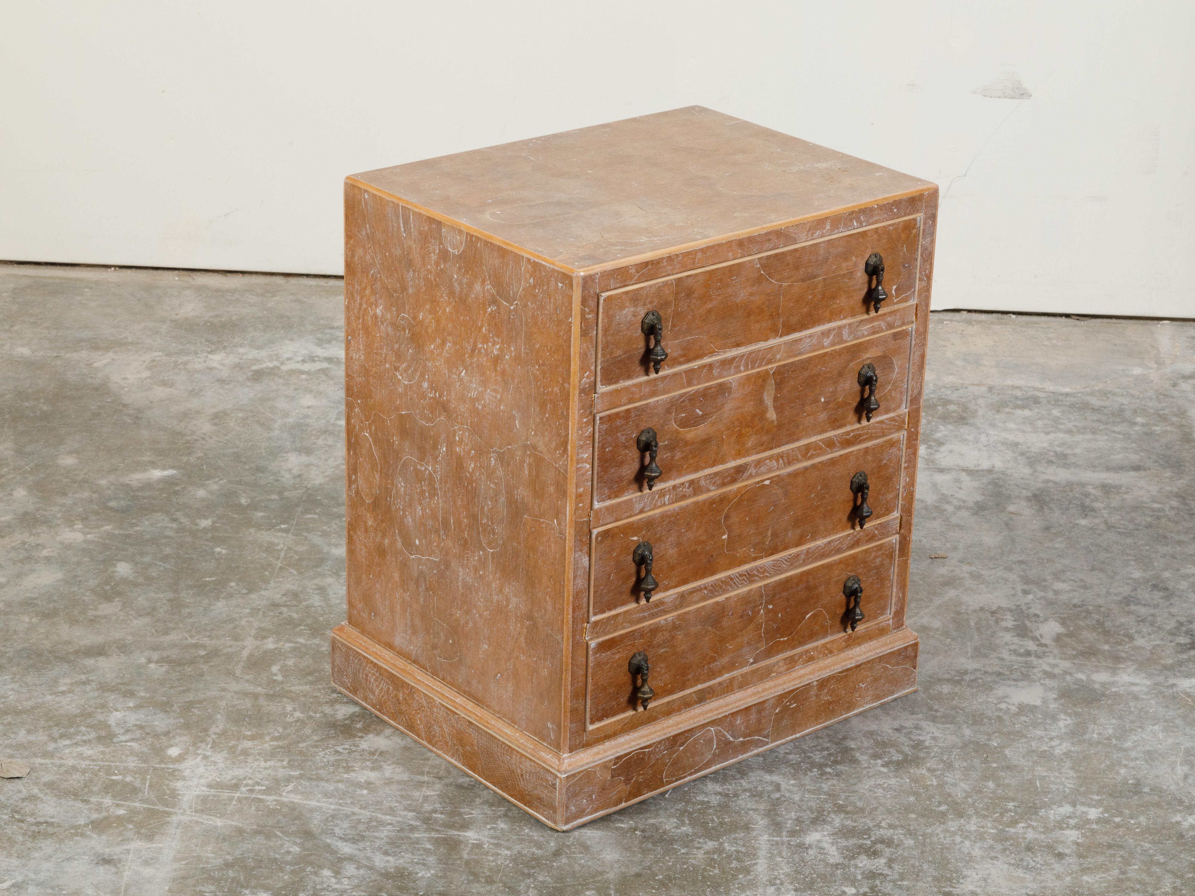 Small English Burl Wood Chest with Four Drawers and Distressed Finish For Sale 2