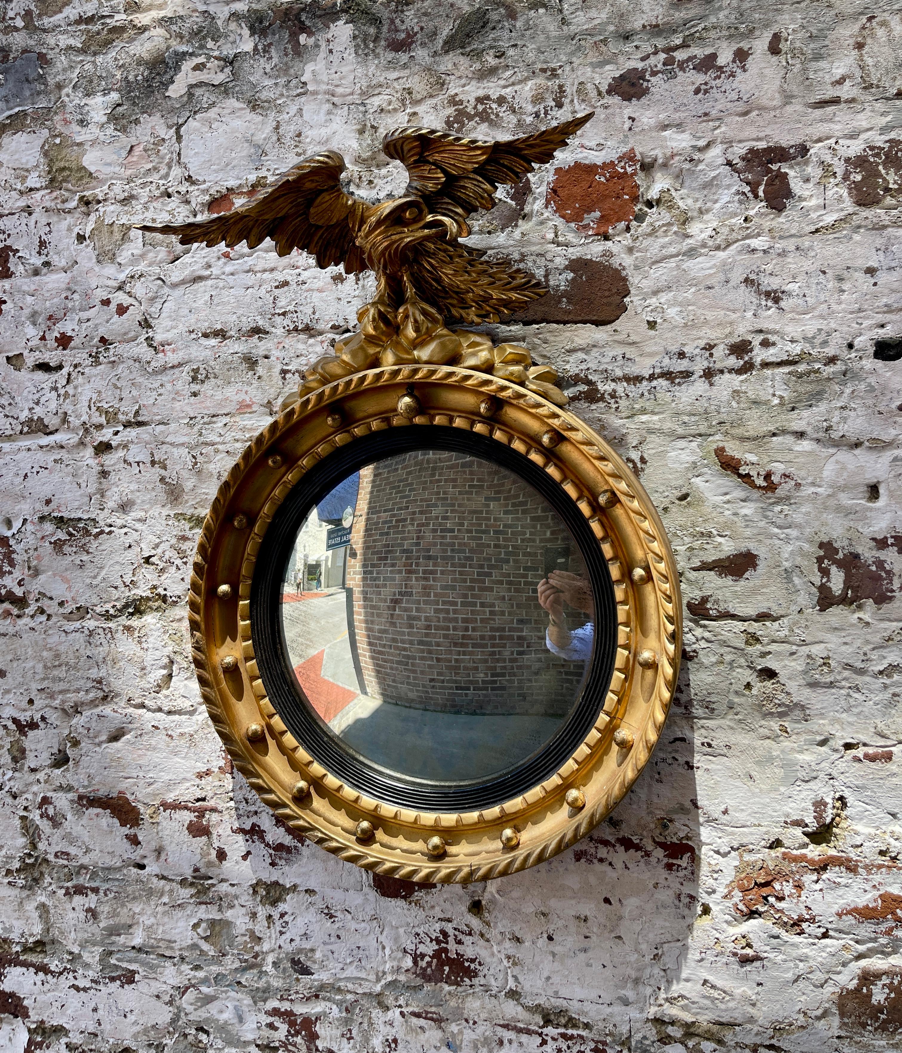 20th Century Small English convex mirror with eagle gold gilt 20th century  For Sale
