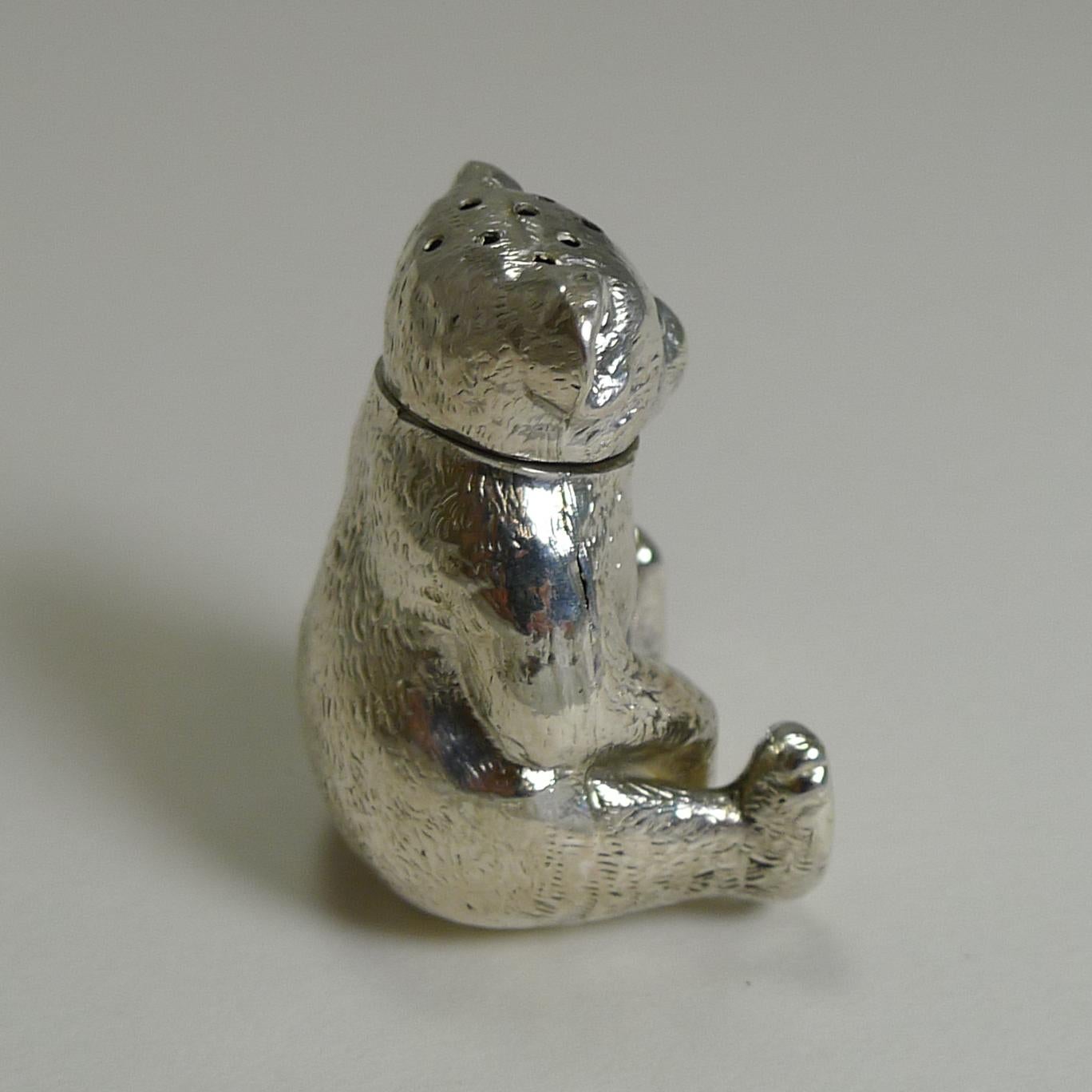 Early 20th Century Small English Edwardian Sterling Silver Teddy Bear Pepperette / Pepper Pot