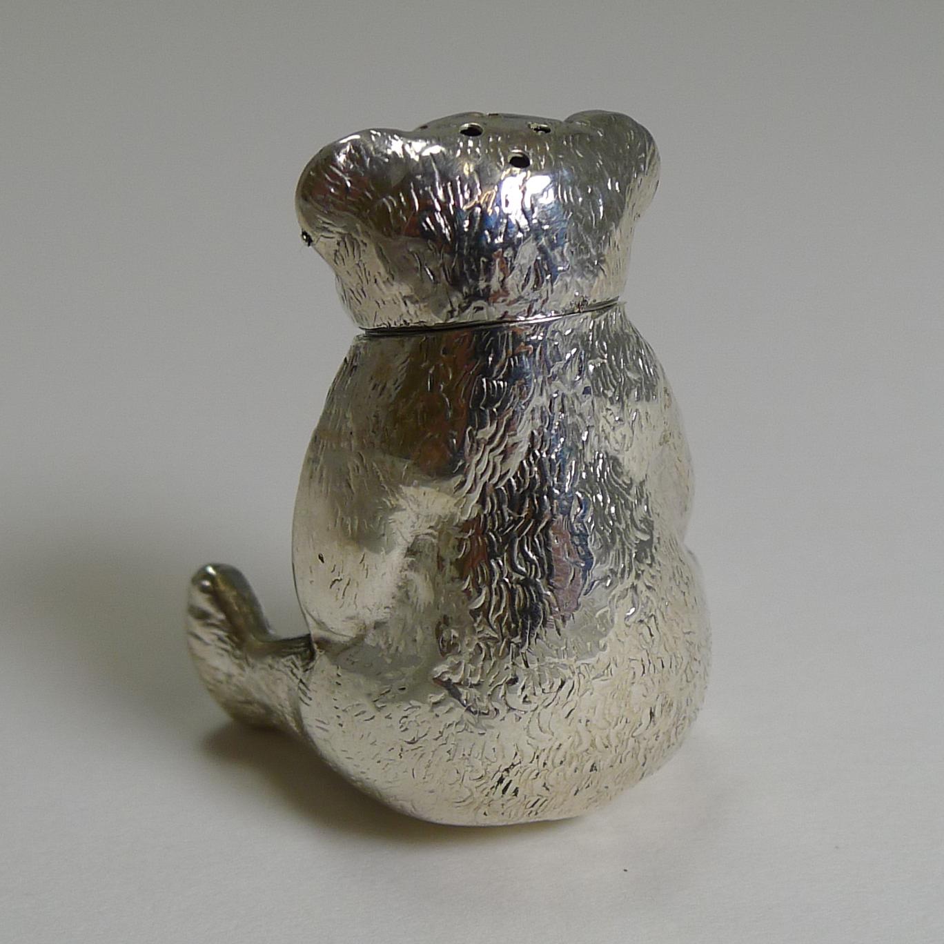 Small English Edwardian Sterling Silver Teddy Bear Pepperette / Pepper Pot 1