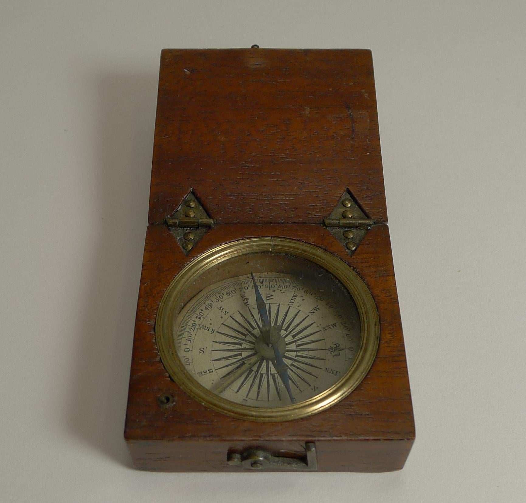 Early 19th Century Small English Georgian Pocket Compass circa 1800 in Mahogany Case