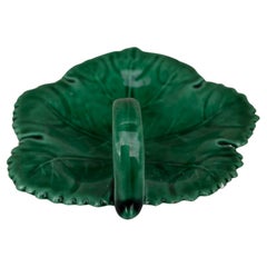 Small English Green Majolica Leaf Handled Dish circa 1890