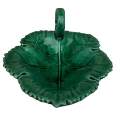 Small English Green Majolica Leaf Handled Dish circa 1890