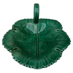 Small English Green Majolica Leaf Handled Dish circa 1890