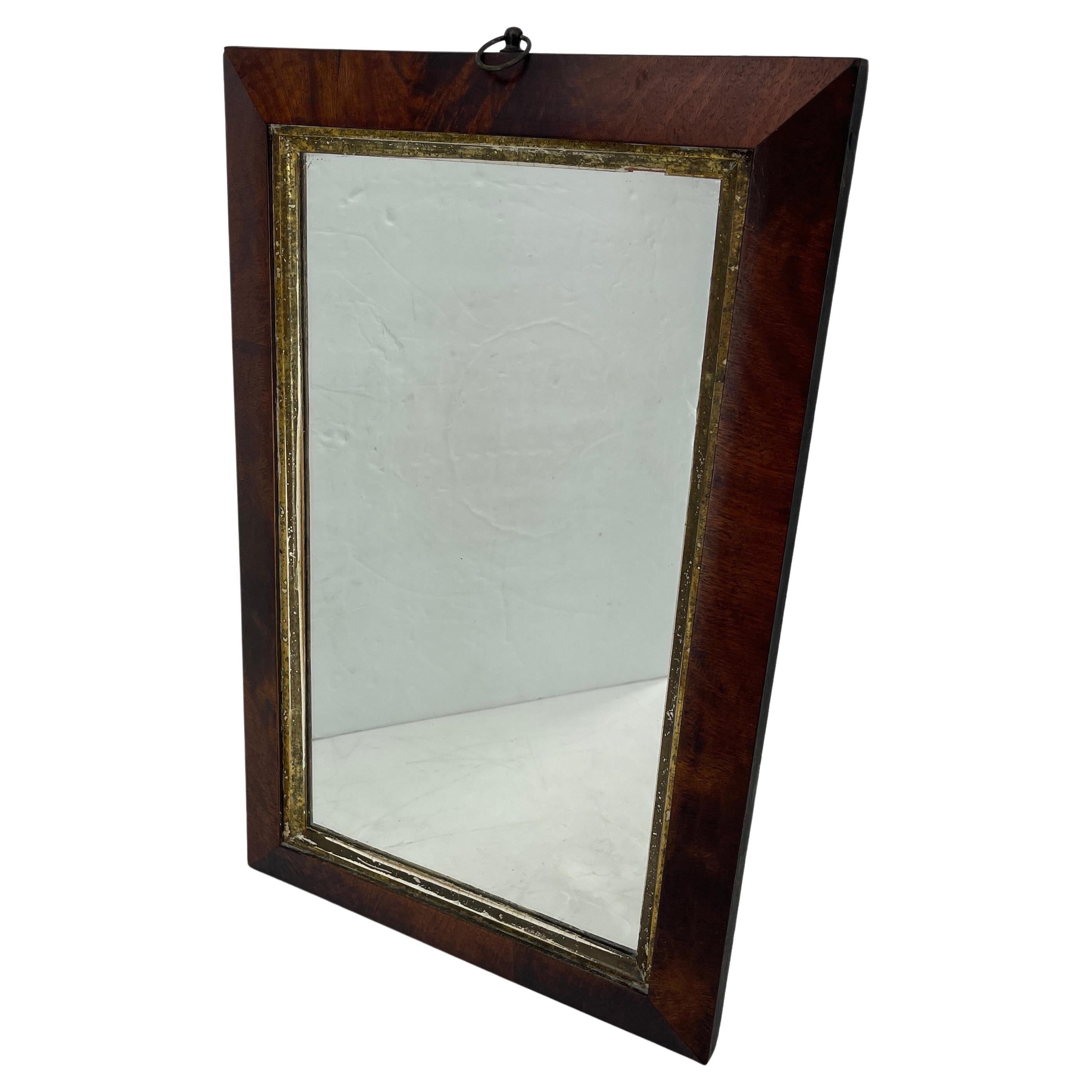 Rectangular antique wall mirror in Mahogany and gilt inner frame
This mirror is on the smaller size, but totally charming with regards to the warmth of the wood and the wear and tear to the gilt inner frame.