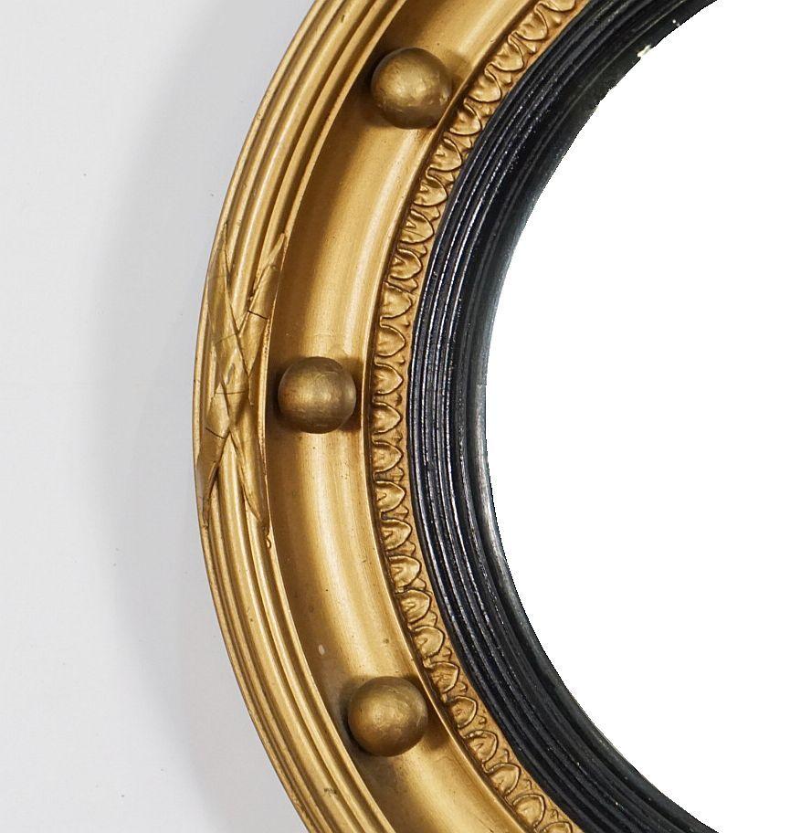 Glass Small English Round Gilt Framed Convex Mirror in the Regency Style (Dia 11 7/8) For Sale