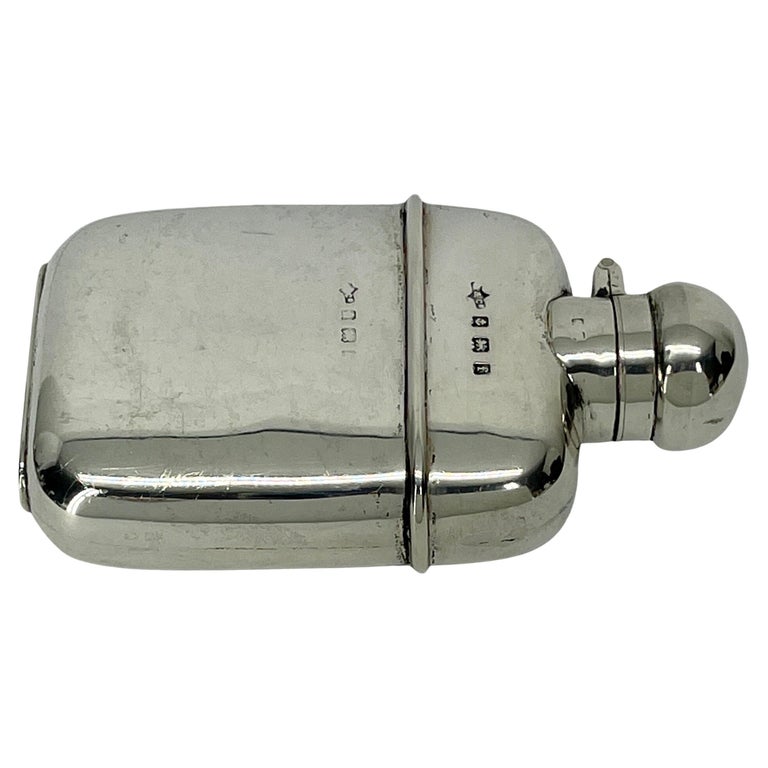 Edwardian Small English Sterling Silver Hip Flask, Marked Birmingham, 1905-6 For Sale