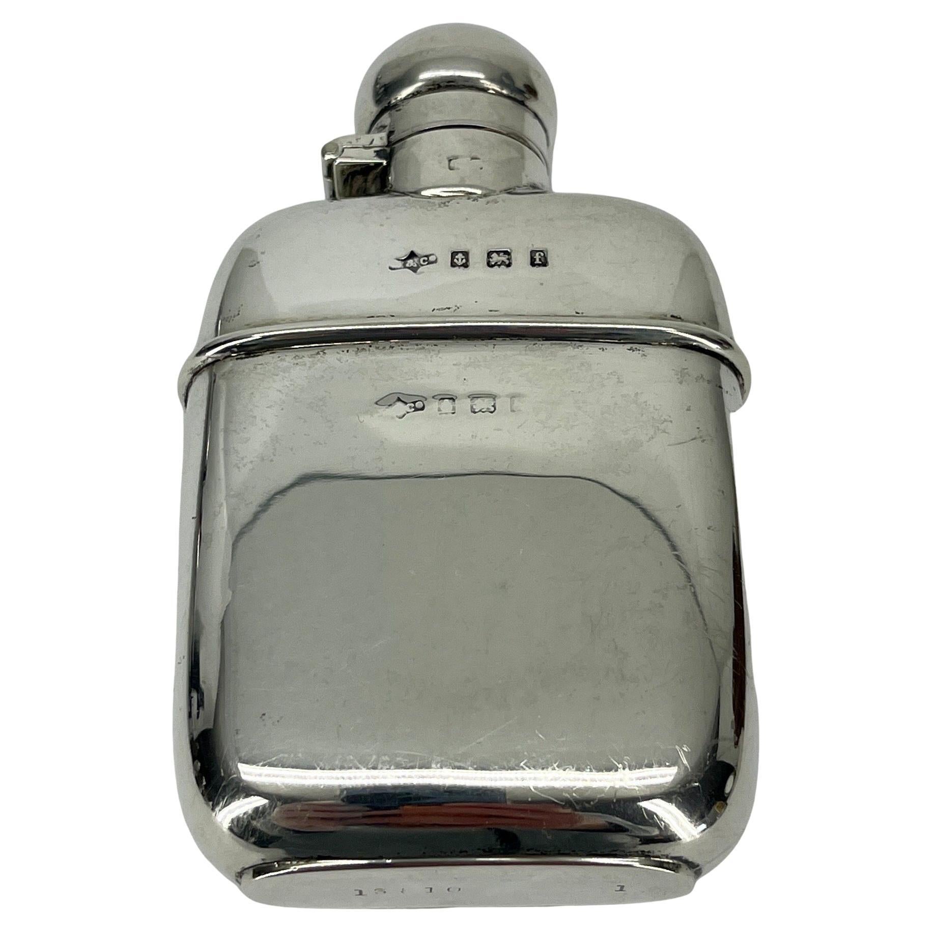 Edwardian Small English Sterling Silver Hip Flask, Marked Birmingham, 1905-6
