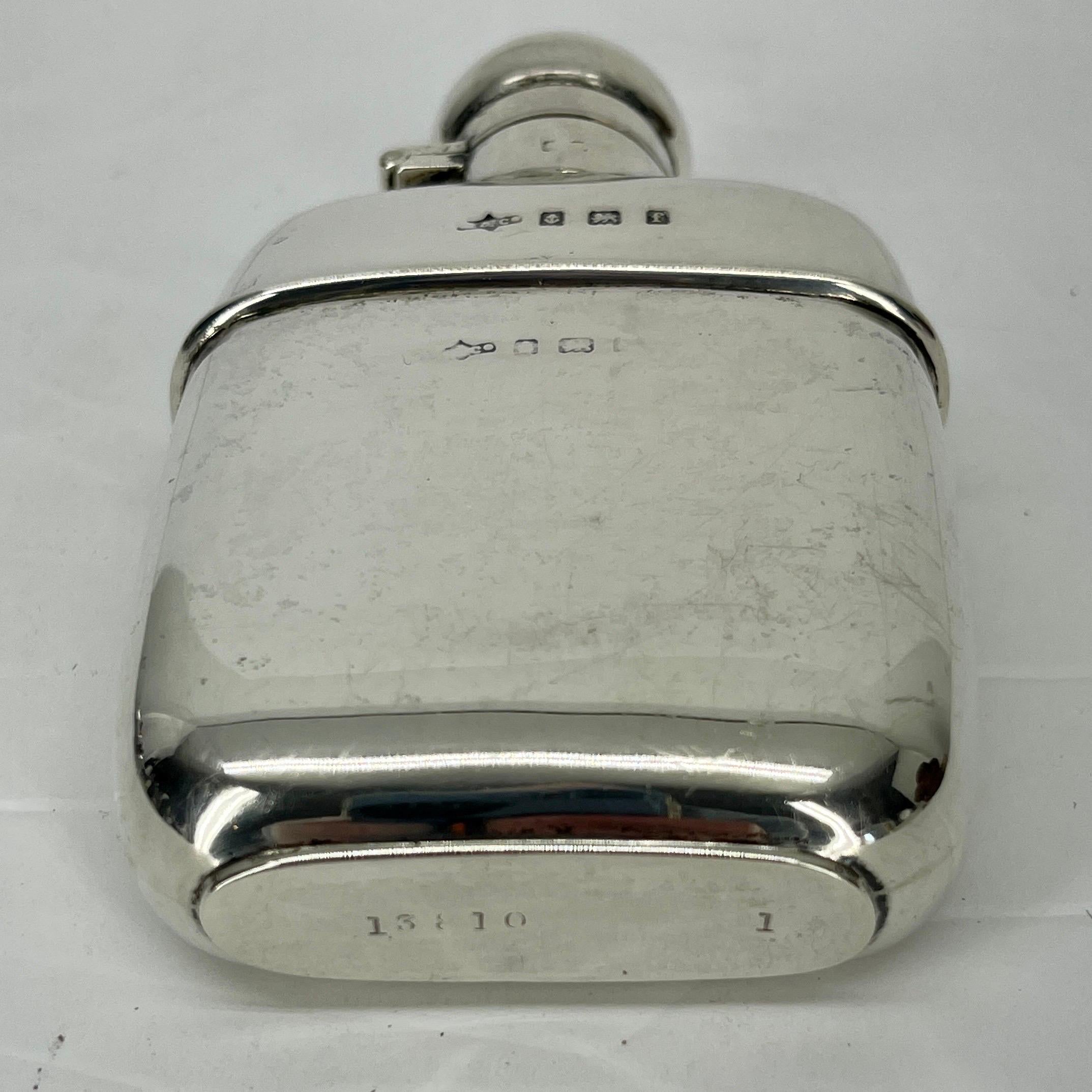 British Small English Sterling Silver Hip Flask, Marked Birmingham, 1905-6