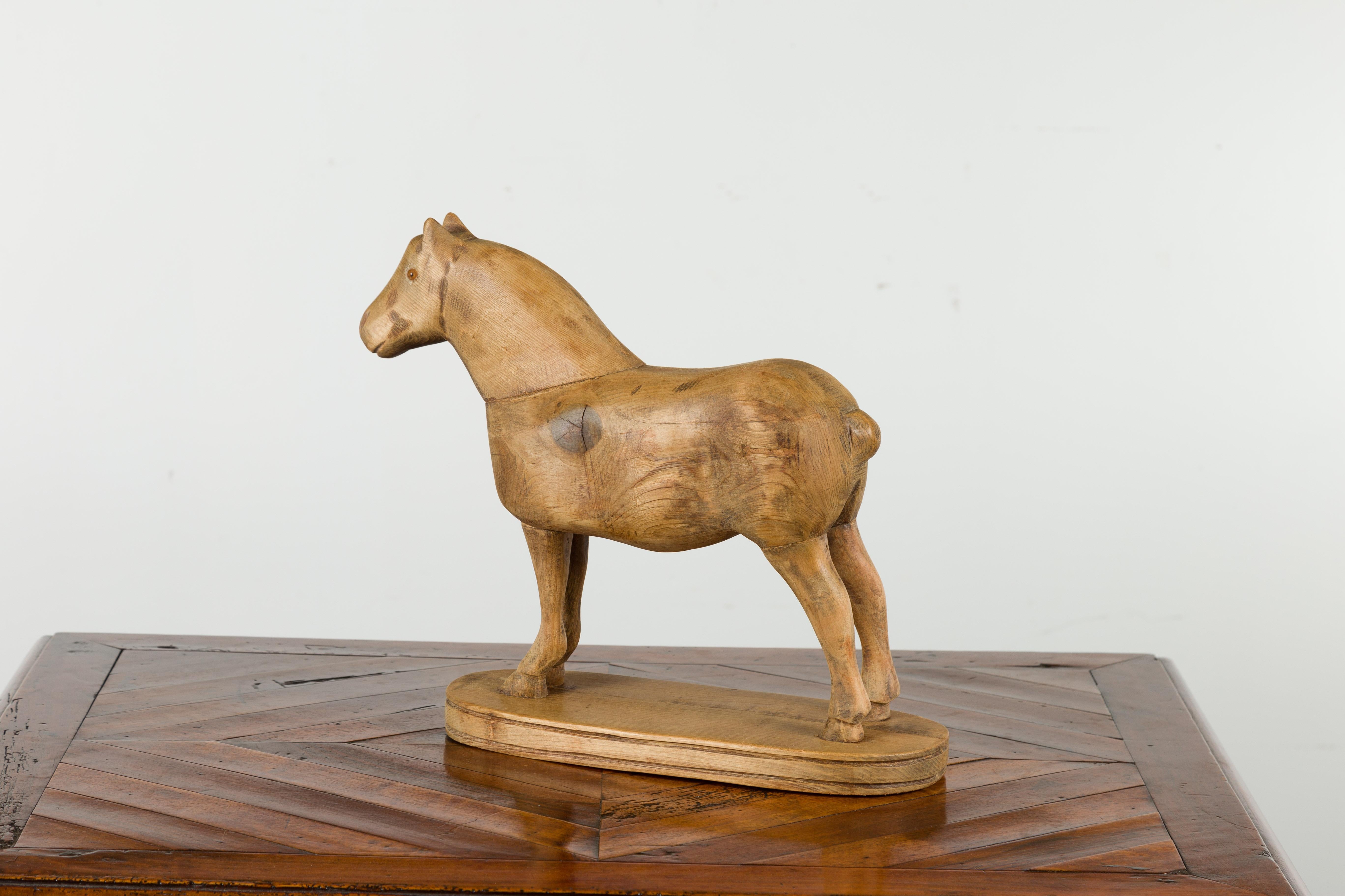 Small English Turn of the Century Carved Pine Horse on Oval Base For Sale 4