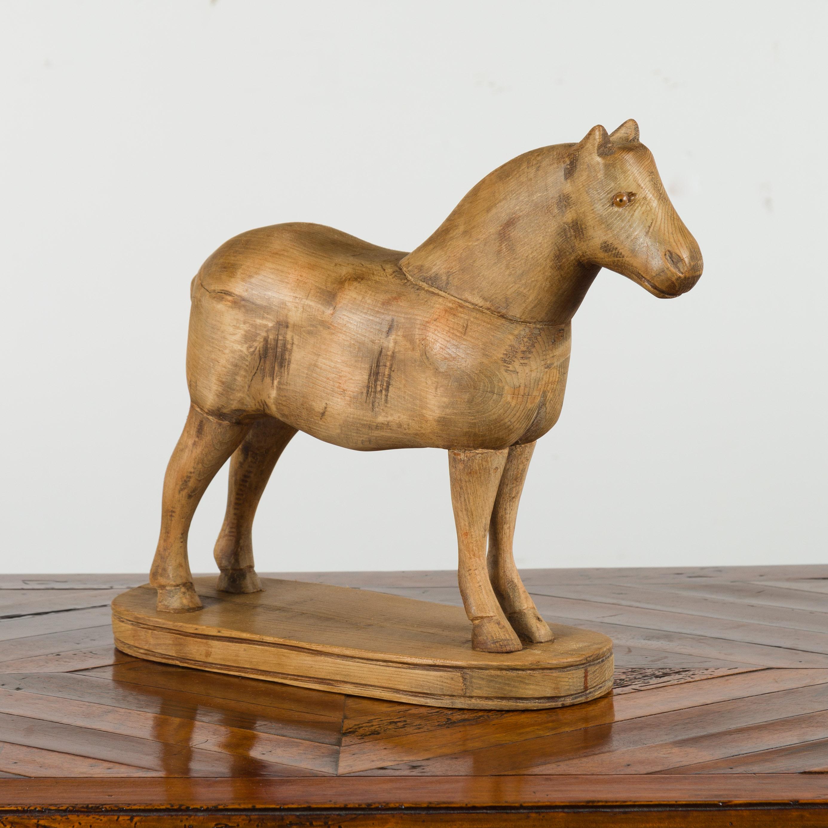 Small English Turn of the Century Carved Pine Horse on Oval Base For Sale 1