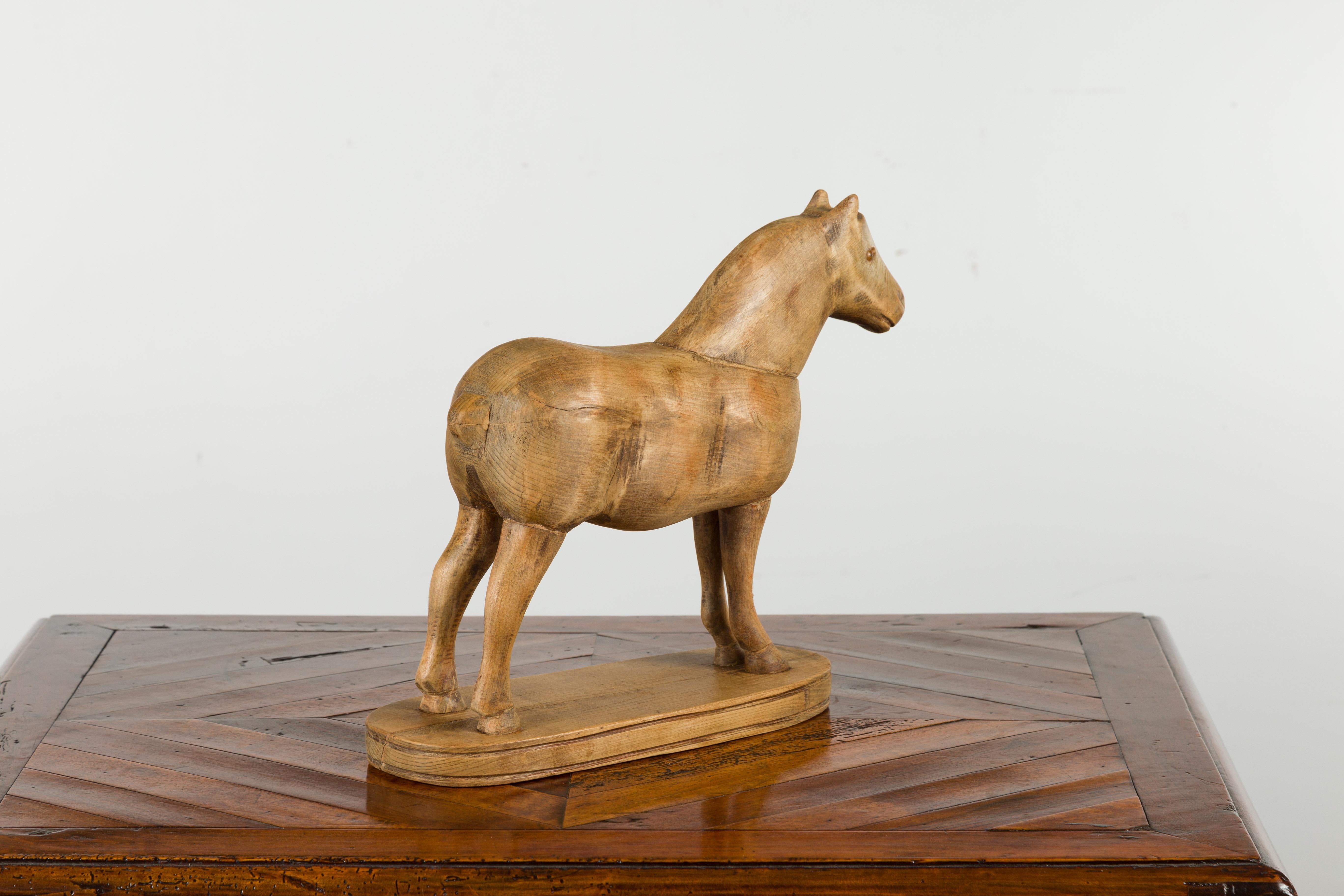 Small English Turn of the Century Carved Pine Horse on Oval Base For Sale 2